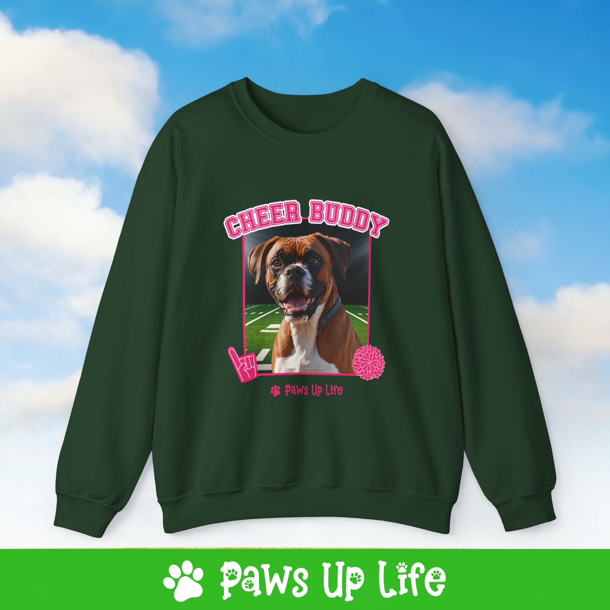 Boxer Football Cheer Buddy Cheerleading Dog Crewneck Sweatshirt, Unisex Gift for Animal Lovers, Dog Mom Dad Sweatshirt, Cute Dog Lover Apparel, Fun Pet | Paws Up Life, LLC