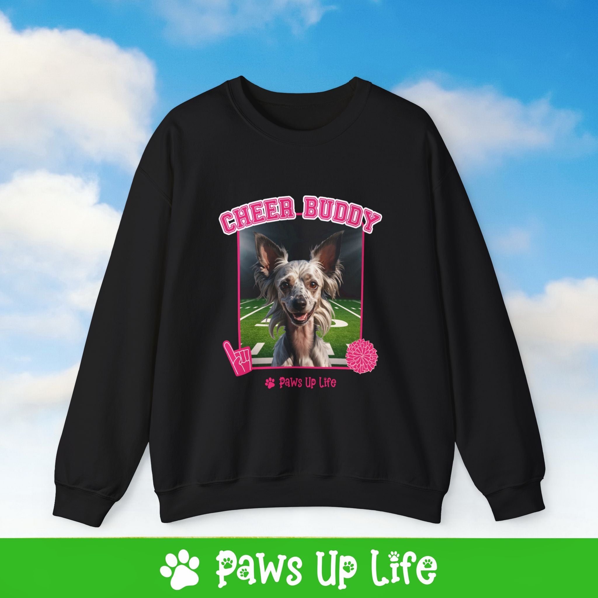 Chinese Crested Football Cheer Buddy Cheerleading Dog Crewneck Sweatshirt, Unisex Gift for Animal Lovers, Dog Mom Dad Sweatshirt, Cute Dog Lover Apparel, Fun Pet | Paws Up Life, LLC