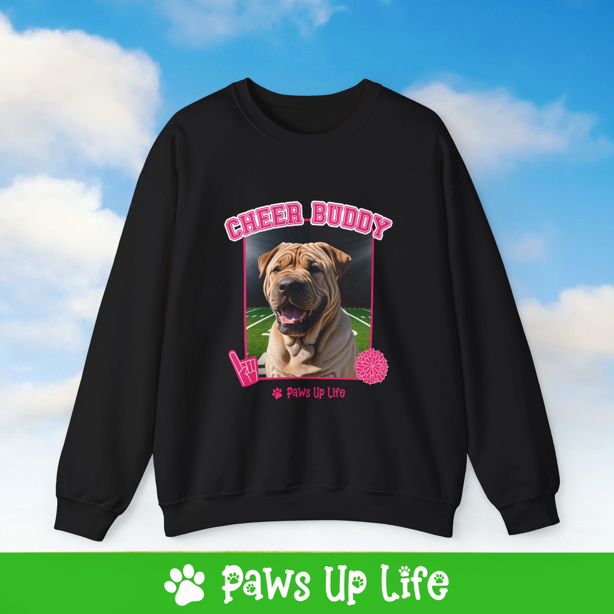 Chinese Shar Pei Football Cheer Buddy Cheerleading Dog Crewneck Sweatshirt, Unisex Gift for Animal Lovers, Dog Mom Dad Sweatshirt, Cute Dog Lover Apparel, Fun Pet | Paws Up Life, LLC