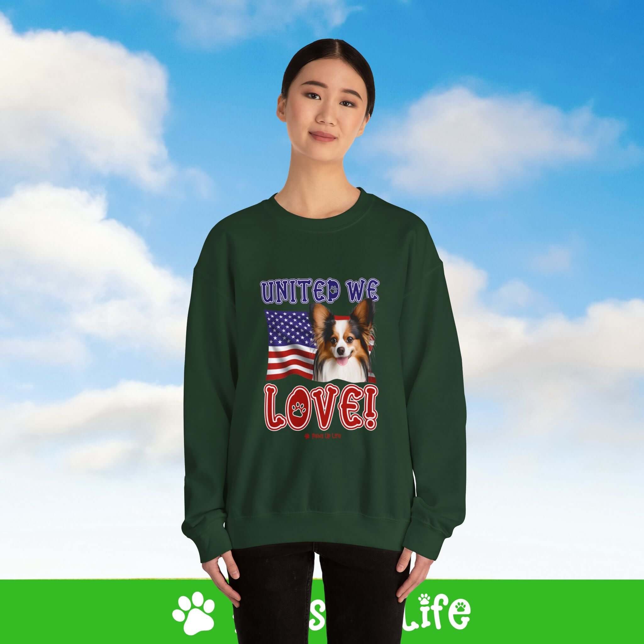 Papillon Dog United We Love Dog Crewneck Sweatshirt, Unisex Gift for Animal Lovers, Dog Mom Dad Sweatshirt, Cute Dog Lover Apparel, Fun Pet | Paws Up Life, LLC