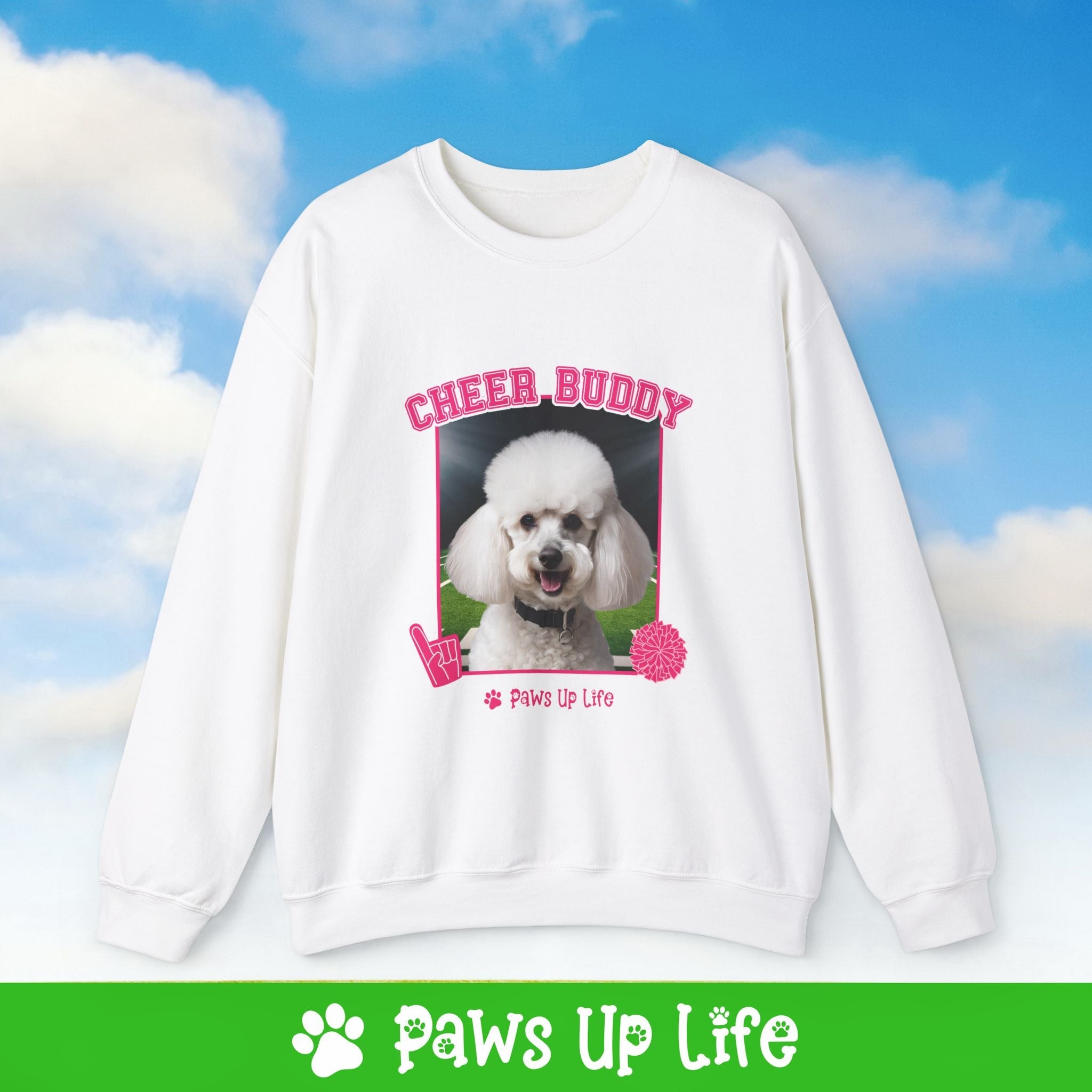 White Poodle Football Cheer Buddy Cheerleading Dog Crewneck Sweatshirt, Unisex Gift for Animal Lovers, Dog Mom Dad Sweatshirt, Cute Dog Lover Apparel, Fun Pet | Paws Up Life, LLC