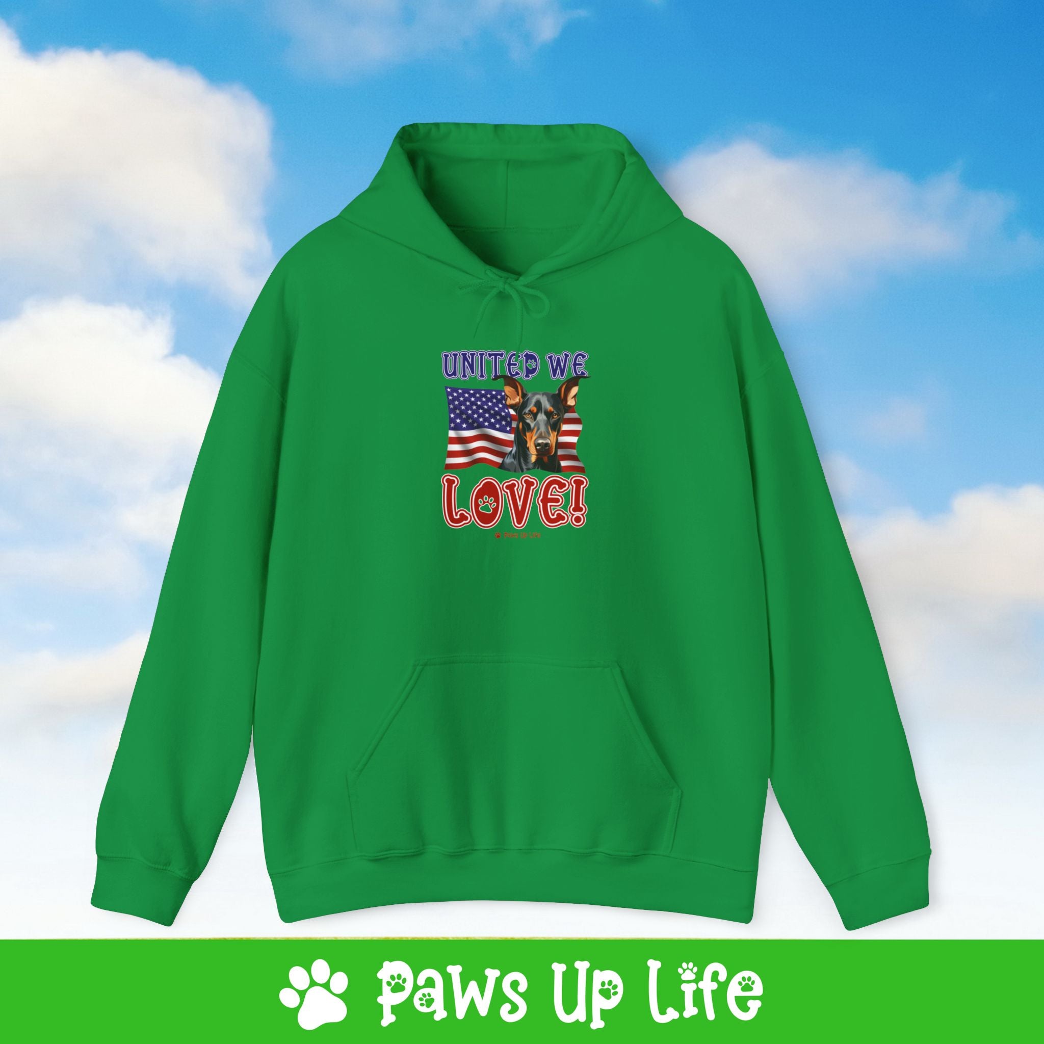 Doberman Pinscher Dog United We Love Unisex Hoodie Hooded Sweatshirt Classic Comfy Cotton | Paws Up Life, LLC