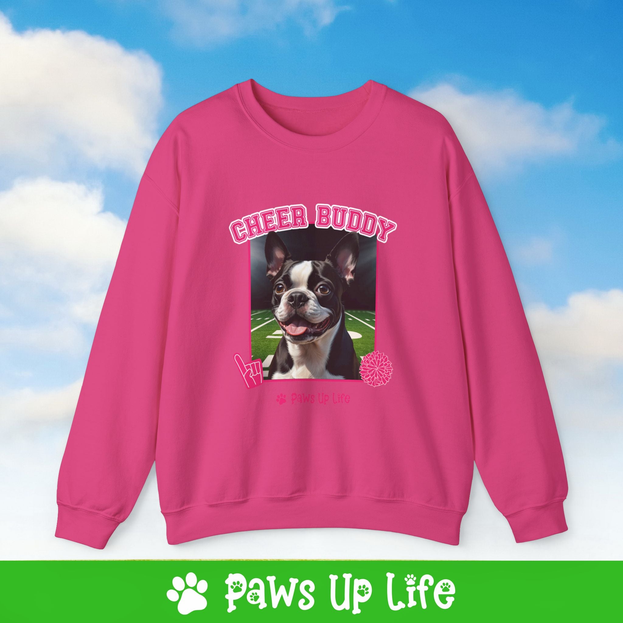 Boston Terrier Football Cheer Buddy Cheerleading Dog Crewneck Sweatshirt, Unisex Gift for Animal Lovers, Dog Mom Dad Sweatshirt, Cute Dog Lover Apparel, Fun Pet | Paws Up Life, LLC