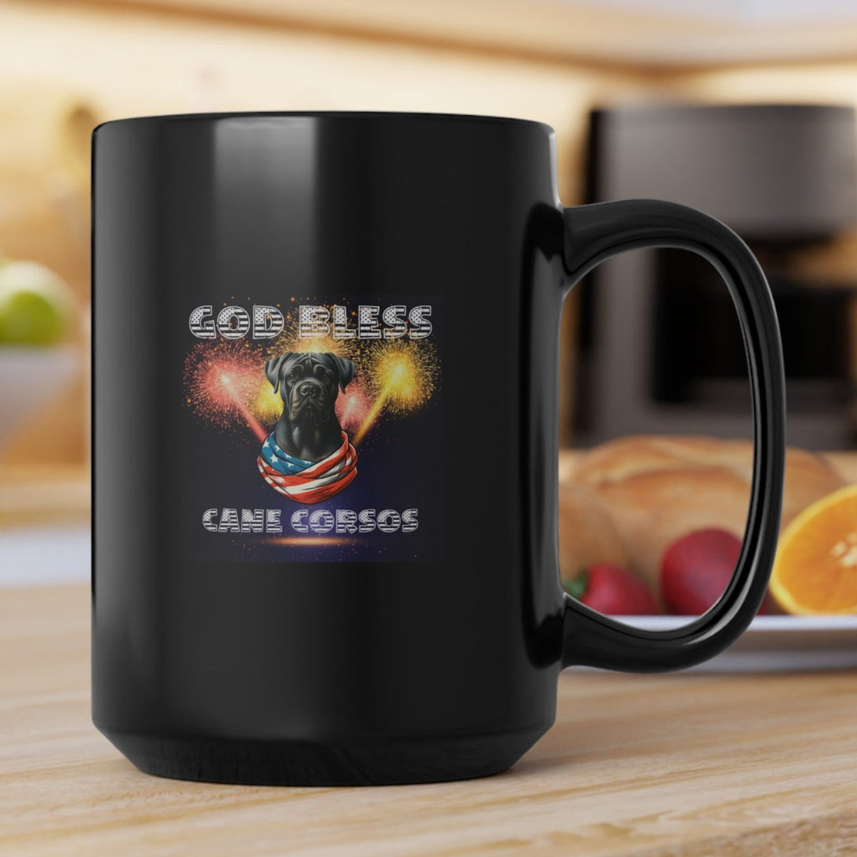 God Bless Cane Corso Dog Patriotic Coffee Mug Gift for Him or Her | Black Mug 15oz