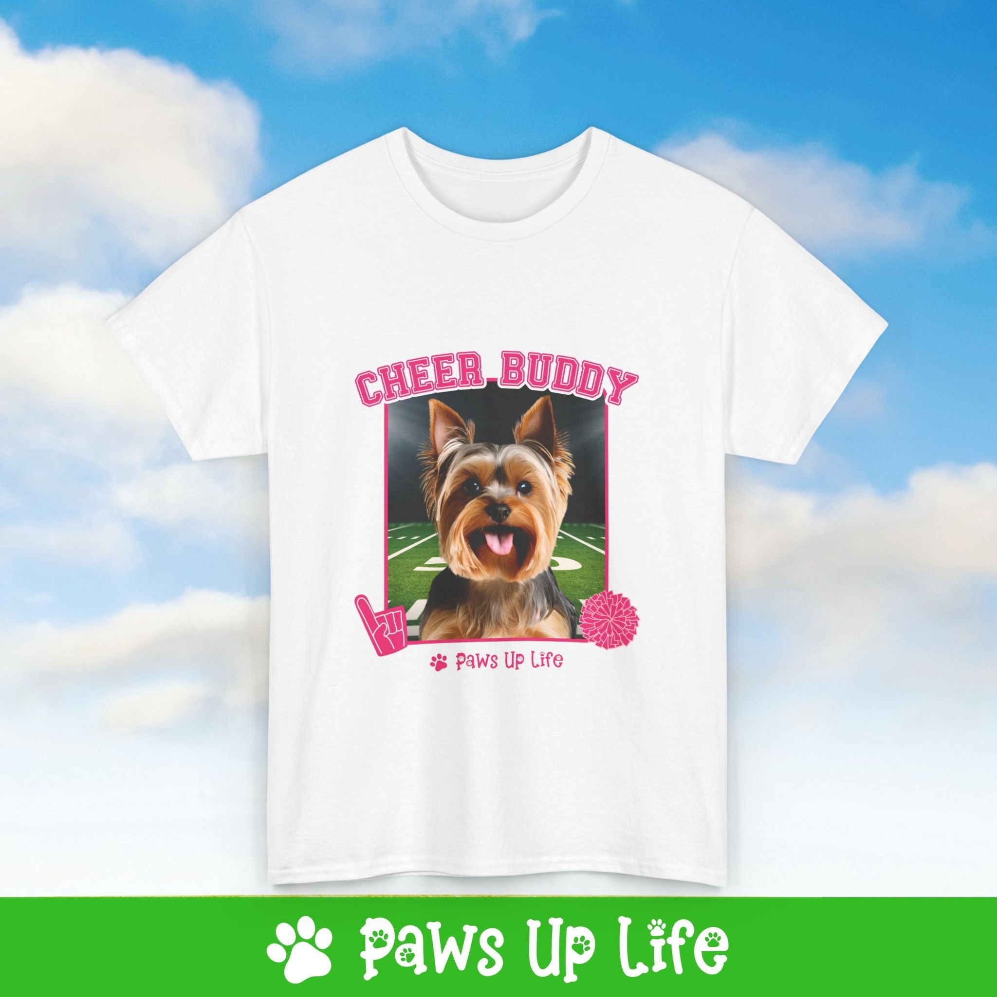 Yorkshire Terrier Football Cheer Buddy Cheerleading Dog Tee, Shirt, Unisex Pet Lover Gift, Dog Mom Dad Tshirt, Animal Rescue Advocate, Cute Puppy Graphic Top Classic Collar | Paws Up Life, LLC