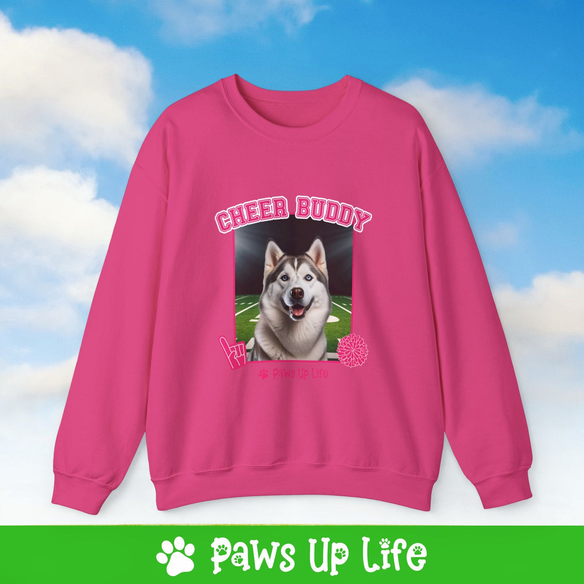 White Siberian Husky Football Cheer Buddy Cheerleading Dog Crewneck Sweatshirt, Unisex Gift for Animal Lovers, Dog Mom Dad Sweatshirt, Cute Dog Lover Apparel, Fun Pet | Paws Up Life, LLC