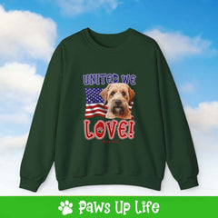 "United We Love" Soft Coated Wheaten Terrier Dog Crewneck Sweatshirt – Patriotic Dog Lover Gift, Unisex Apparel for Proud Dog Moms & Dads