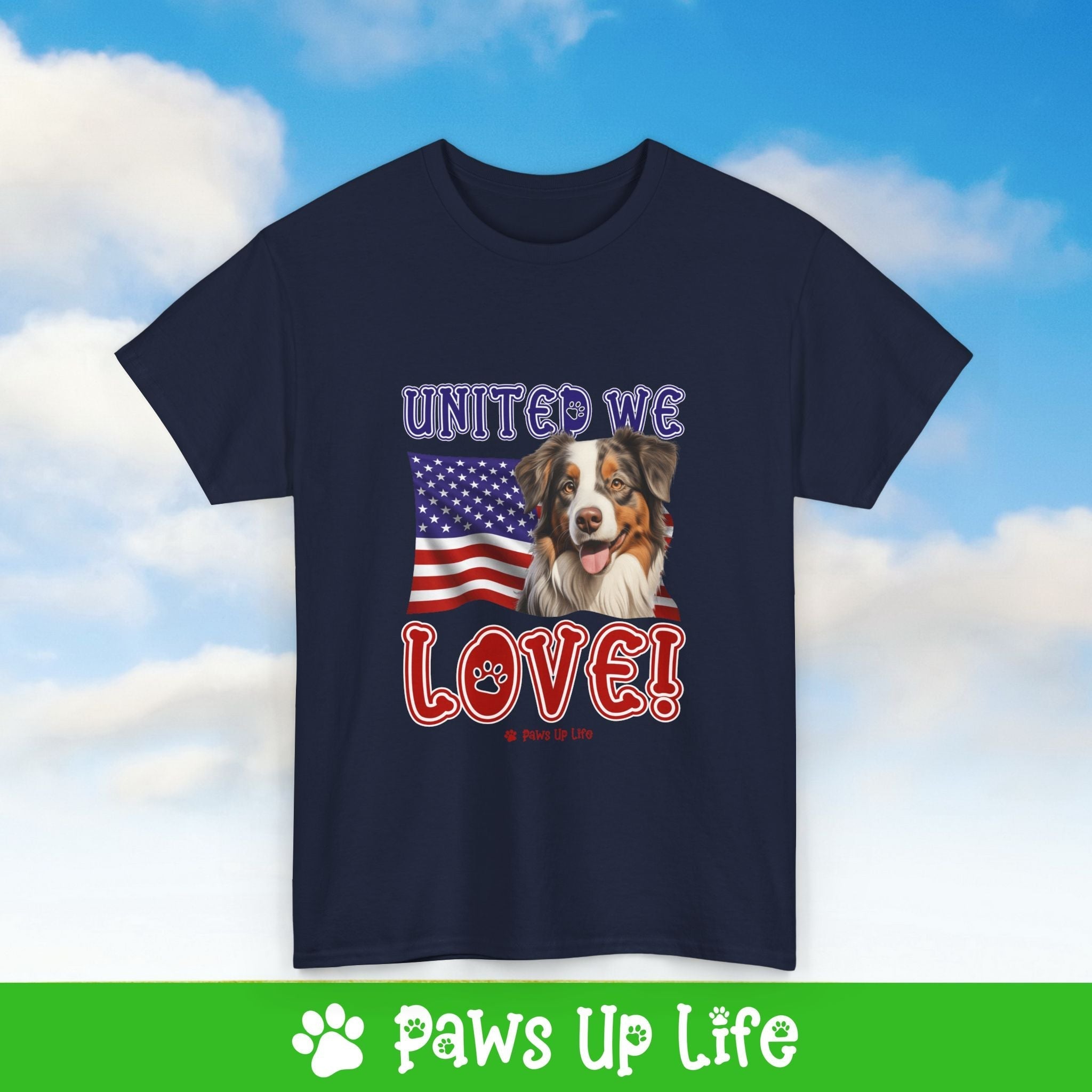 Miniature American Shepherd Dog United We Love Dog Tee, Shirt, Unisex Pet Lover Gift, Dog Mom Dad Tshirt, Animal Rescue Advocate, Cute Puppy Graphic Top Classic Collar | Paws Up Life, LLC