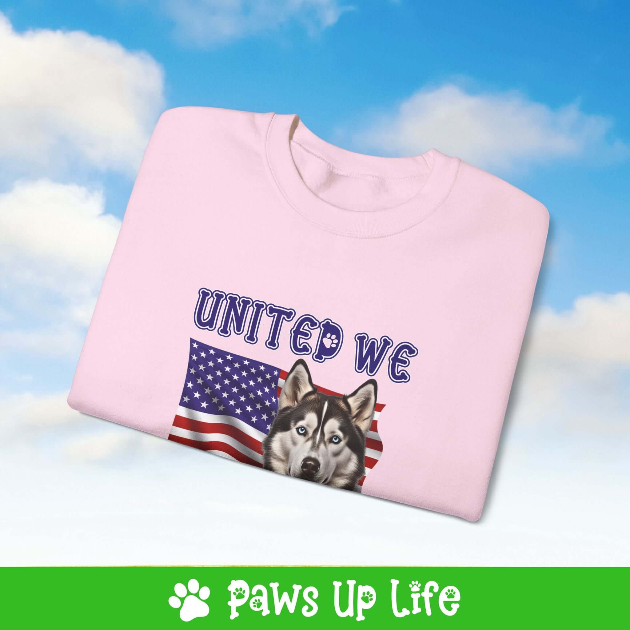 "United We Love" Siberian Husky Dog Crewneck Sweatshirt – Patriotic Dog Lover Gift, Unisex Apparel for Proud Dog Moms & Dads