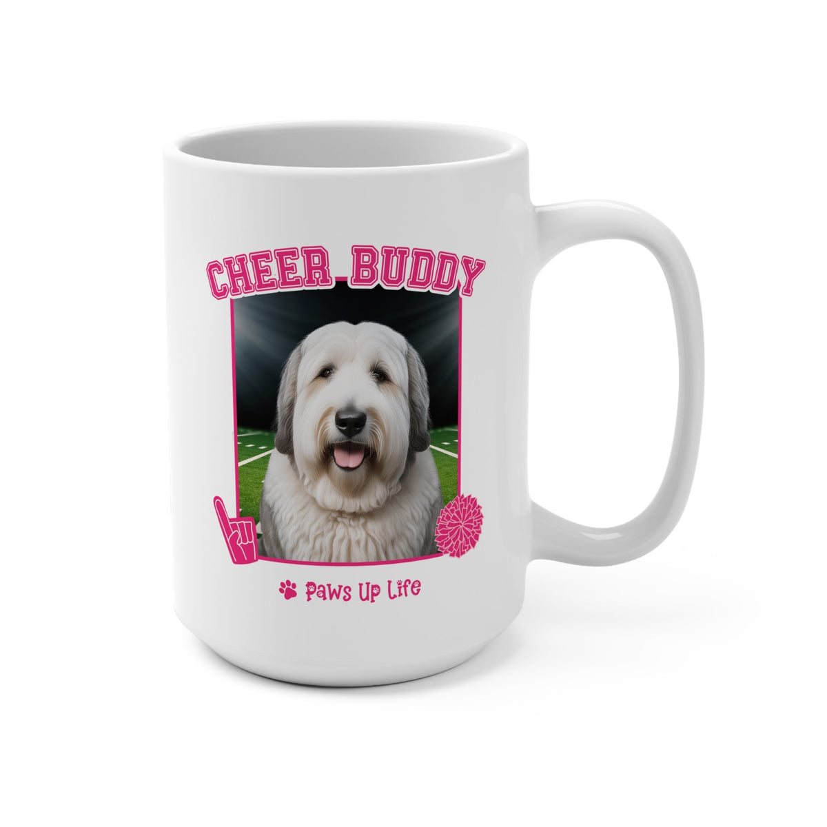 White Old English Sheep Dog Football Cheer Buddy Cheerleading Dog 15oz Large Coffee Mug Ceramic Drinkware Tea Washable | Paws Up Life, LLC