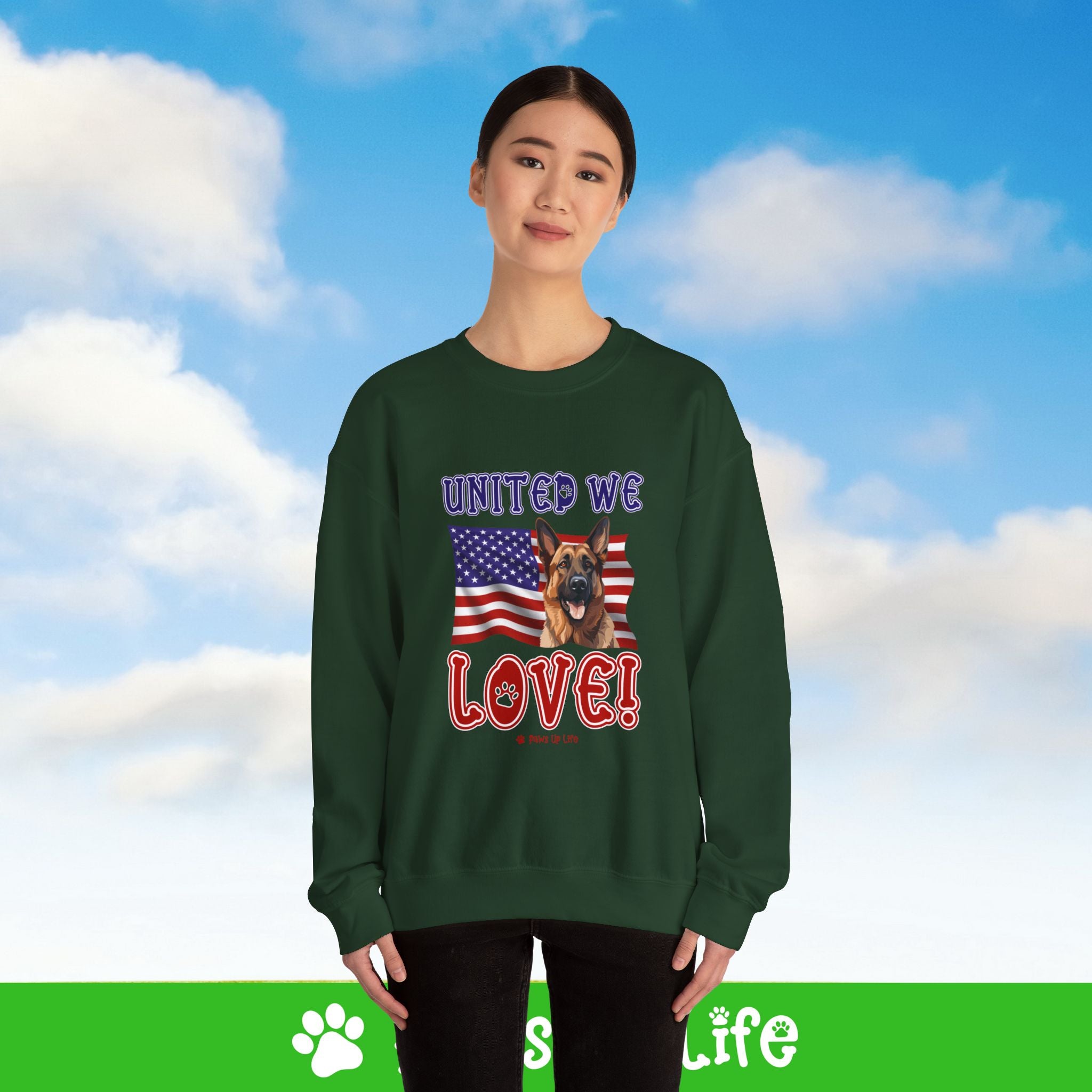 German Shepherd Dog United We Love Dog Crewneck Sweatshirt, Unisex Gift for Animal Lovers, Dog Mom Dad Sweatshirt, Cute Dog Lover Apparel, Fun Pet | Paws Up Life, LLC