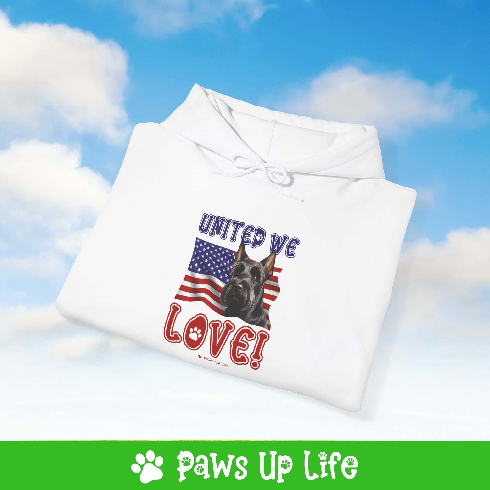 "United We Love" Scottish Terrier Hoodie – Fun Dog Lover Design | Cozy 50/50 Blend Unisex Sweater, Perfect Gift for Pet Lovers!