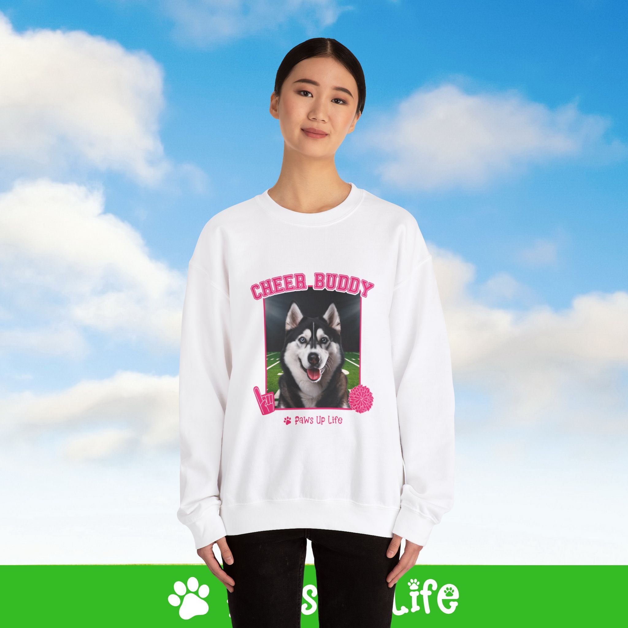 Black Siberian Husky Football Cheer Buddy Cheerleading Dog Crewneck Sweatshirt, Unisex Gift for Animal Lovers, Dog Mom Dad Sweatshirt, Cute Dog Lover Apparel, Fun Pet