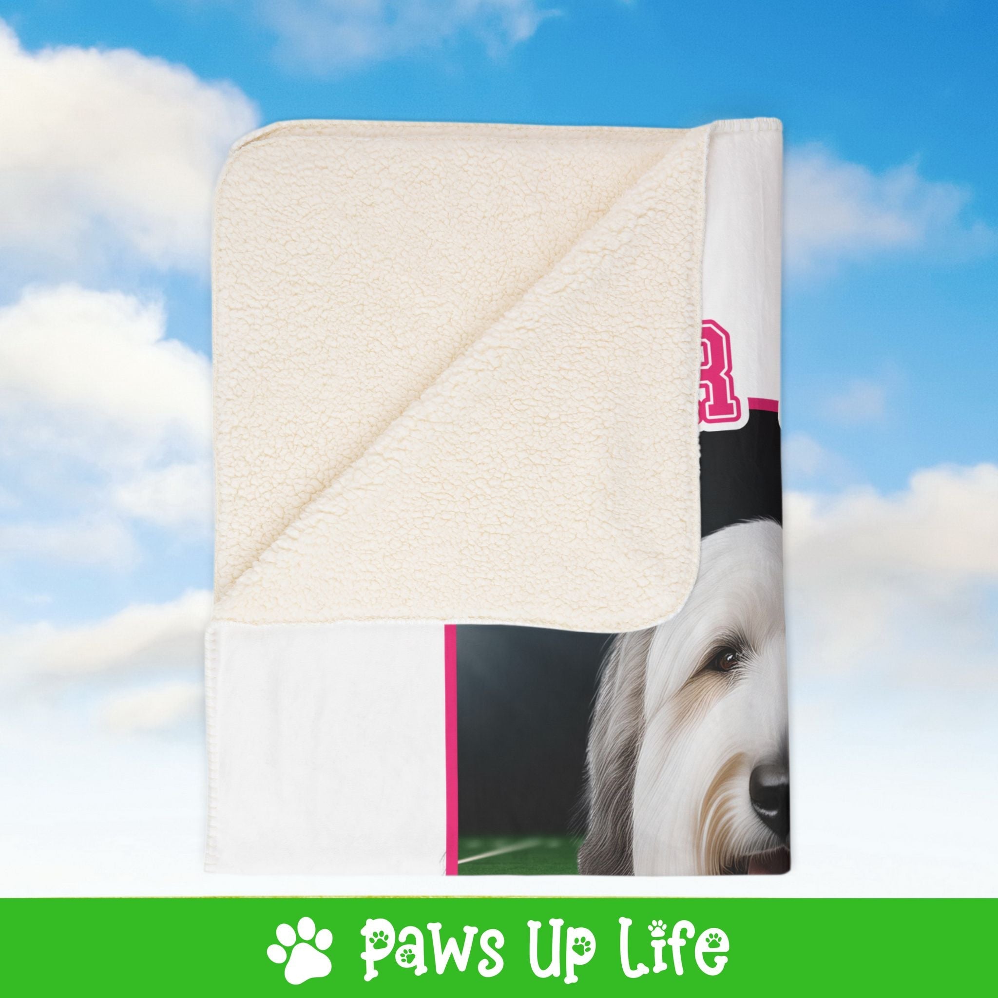 White Old English Sheep Dog Football Cheer Buddy Cheerleading Dog Fleece Sherpa Blanket - Perfect for Snuggling and Cozy Napping | Paws Up Life, LLC