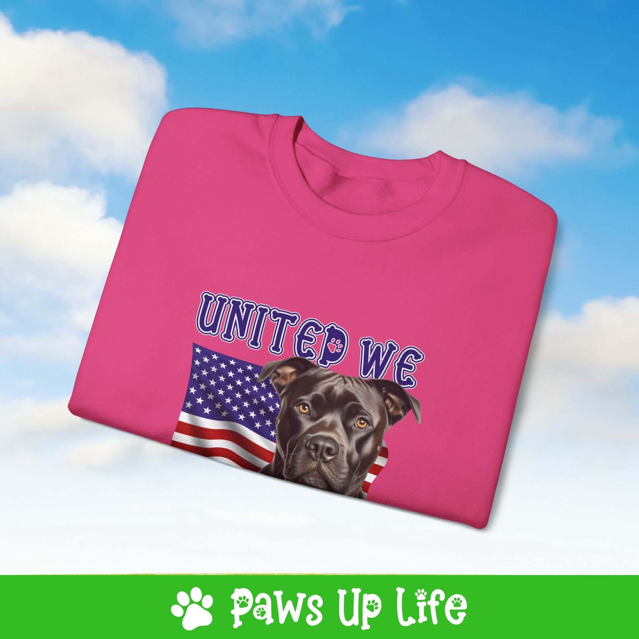 "United We Love" Staffordshire Bull Terrier Dog Crewneck Sweatshirt – Patriotic Dog Lover Gift, Unisex Apparel for Proud Dog Moms & Dads