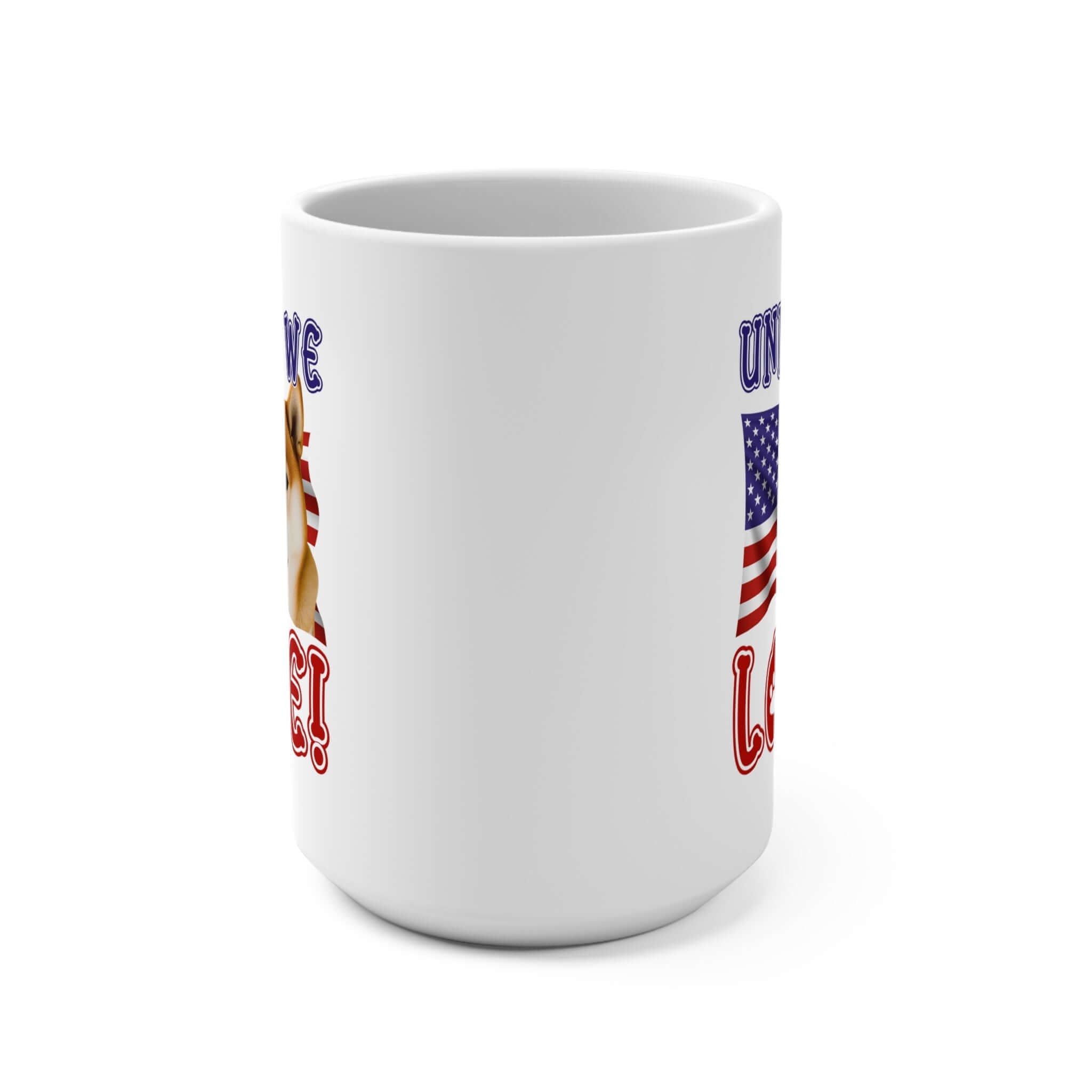 "United We Love" Shiba Inu 15oz Ceramic Mug – Fun Patriotic Dog Lover Drinkware, Perfect for Coffee & Tea! | Paws Up Life, LLC