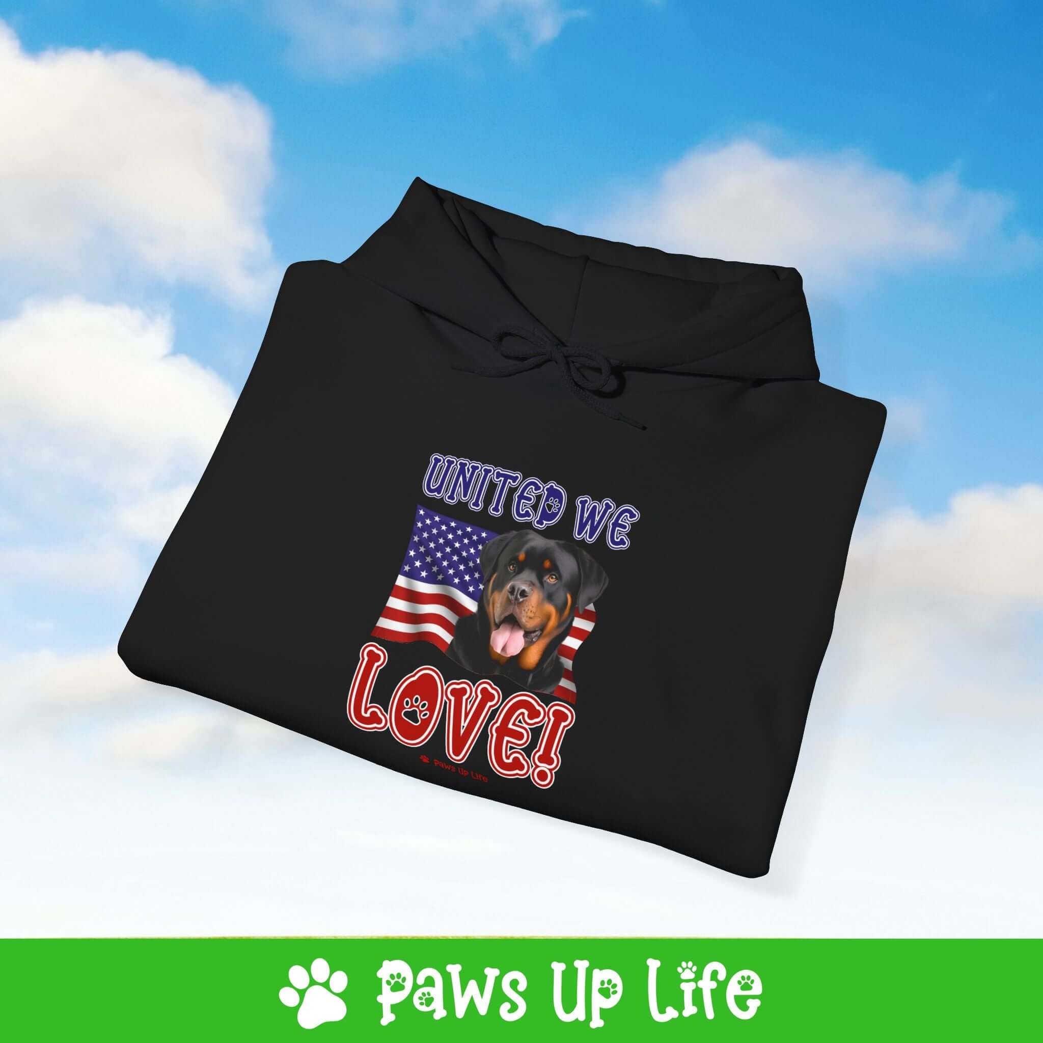 "United We Love" Rottweiler Hoodie – Fun Dog Lover Design | Cozy 50/50 Blend Unisex Sweater, Perfect Gift for Pet Lovers!