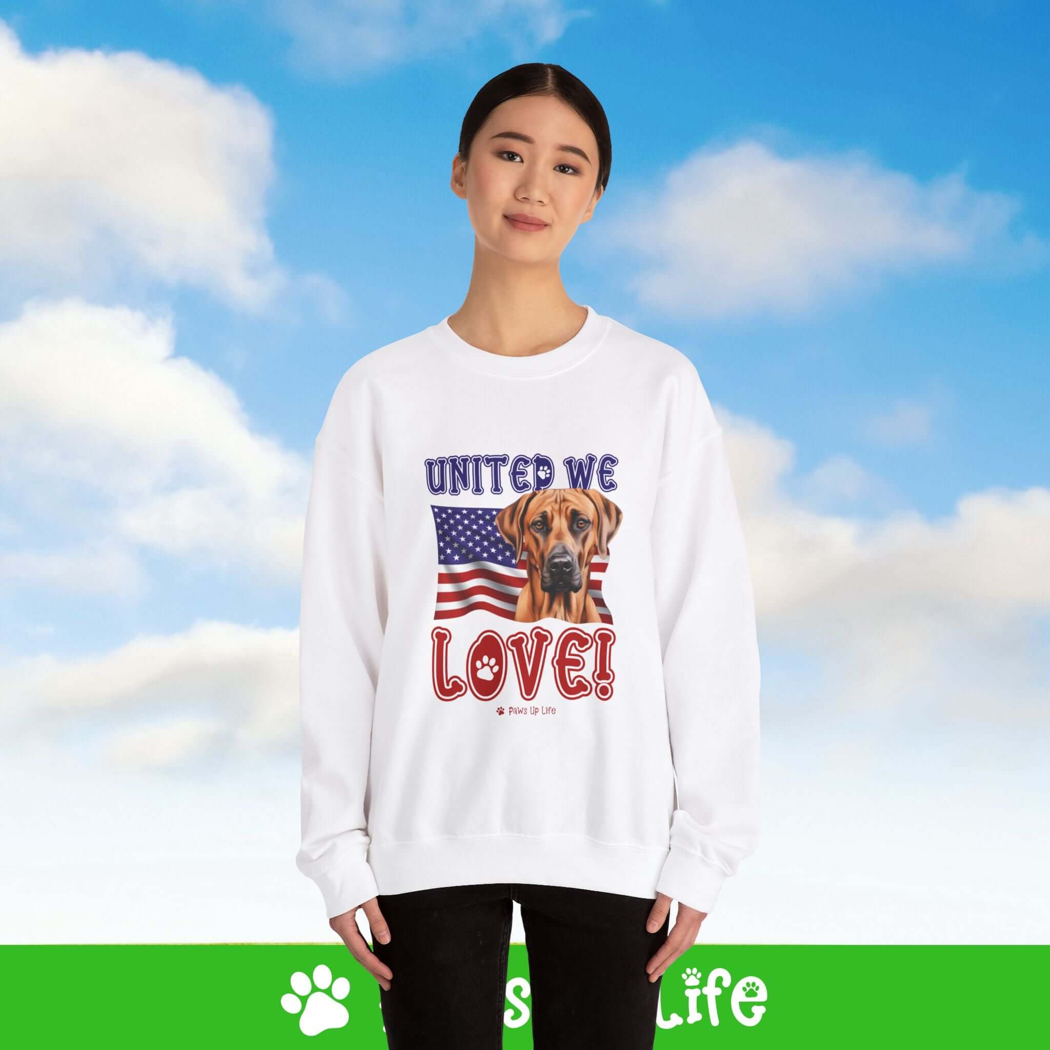 "United We Love" Rhodesian Ridgeback Dog Crewneck Sweatshirt – Patriotic Dog Lover Gift, Unisex Apparel for Proud Dog Moms & Dads | Paws Up Life, LLC