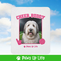 White Old English Sheep Dog Football Cheer Buddy Cheerleading Dog Fleece Sherpa Blanket - Perfect for Snuggling and Cozy Napping | Paws Up Life, LLC