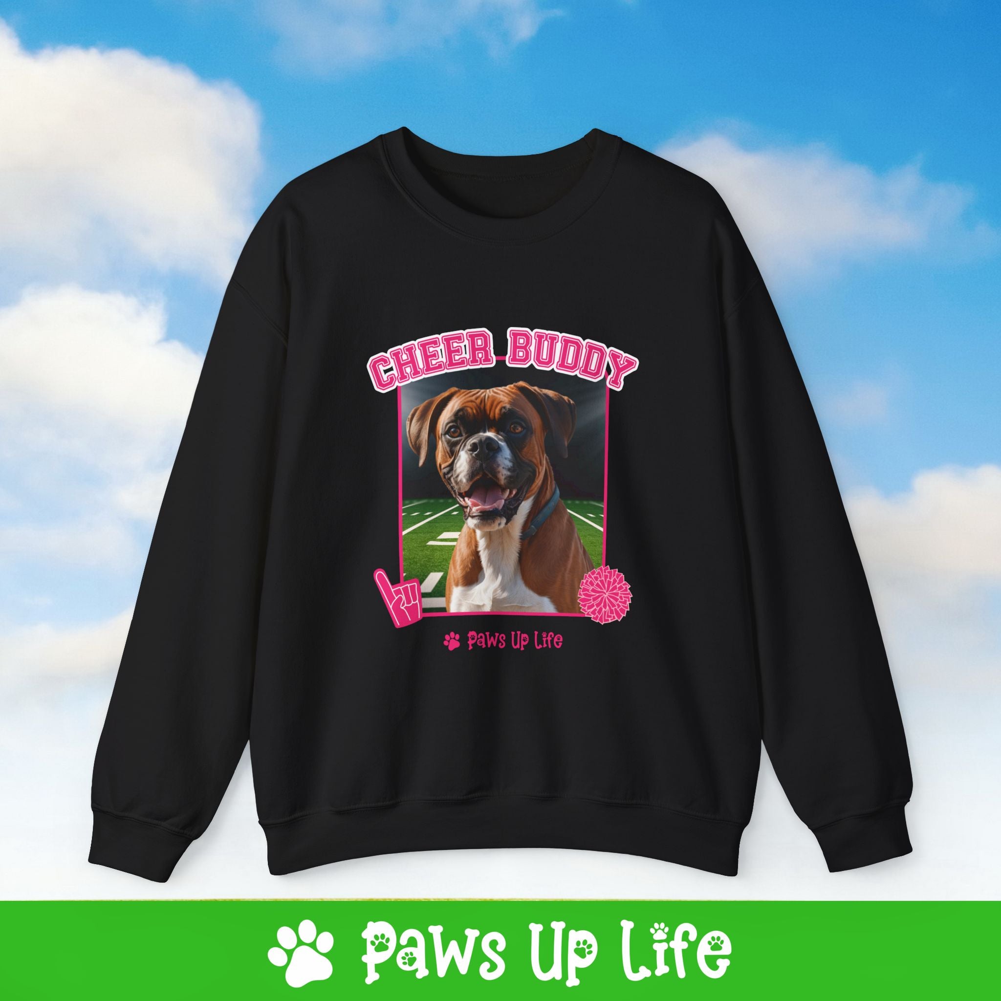 Boxer Football Cheer Buddy Cheerleading Dog Crewneck Sweatshirt, Unisex Gift for Animal Lovers, Dog Mom Dad Sweatshirt, Cute Dog Lover Apparel, Fun Pet | Paws Up Life, LLC