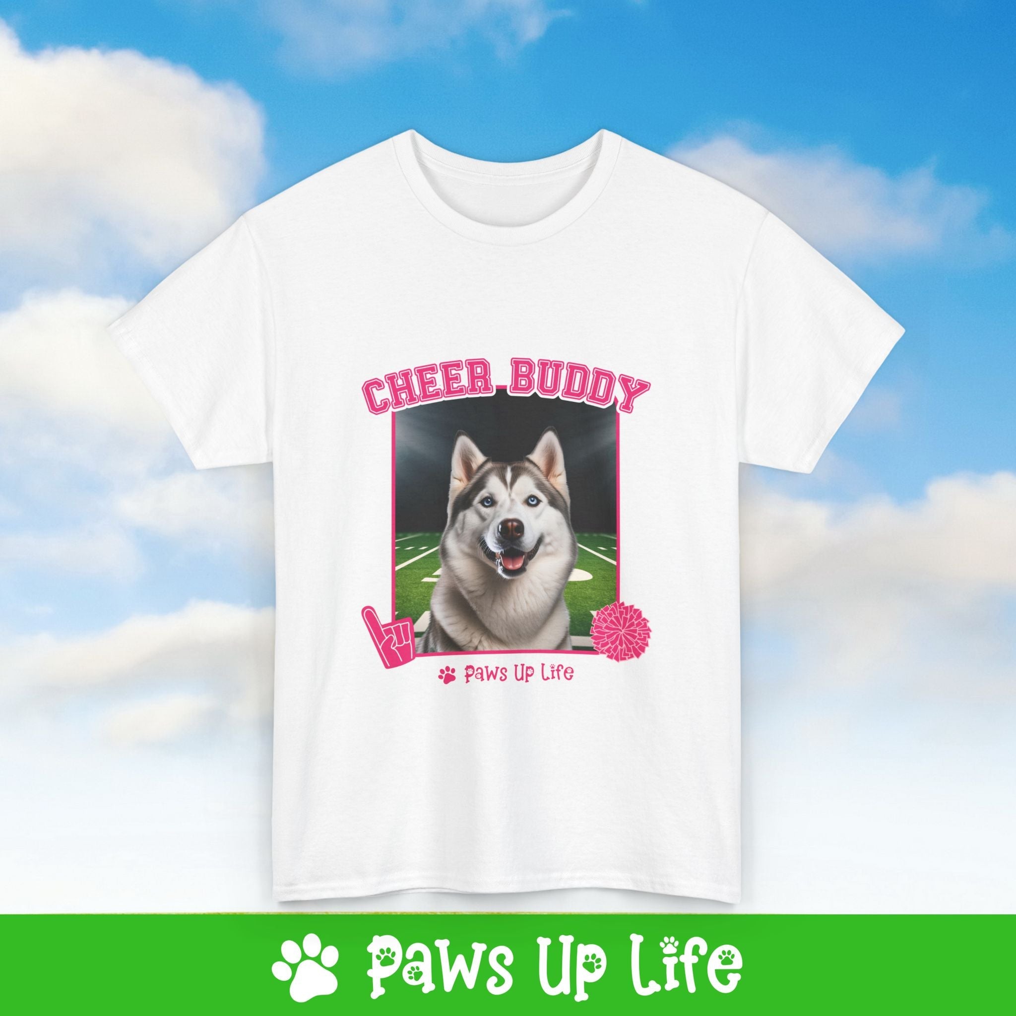 White Siberian Husky Football Cheer Buddy Cheerleading Dog Tee, Shirt, Unisex Pet Lover Gift, Dog Mom Dad Tshirt, Animal Rescue Advocate, Cute Puppy Graphic Top Classic Collar | Paws Up Life, LLC