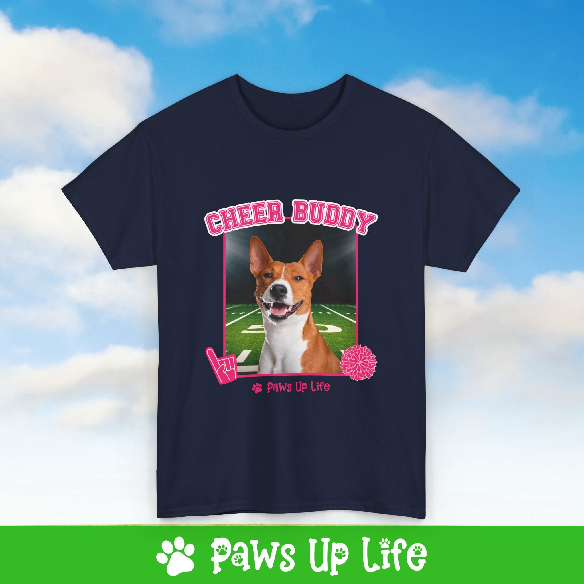 Basenji Cheer Buddy Cheerleading Dog Tee, Shirt, Unisex Pet Lover Gift, Dog Mom Dad Tshirt, Animal Rescue Advocate, Cute Puppy Graphic Top Classic Collar | Paws Up Life, LLC