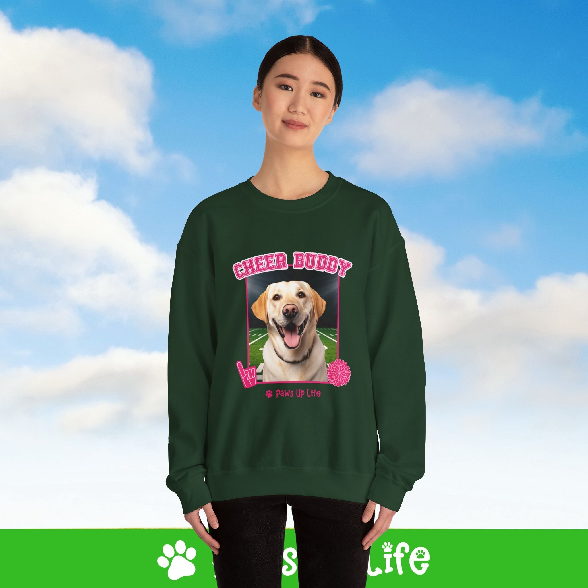 Labrador Retriever Yellow Lab Football Cheer Buddy Cheerleading Dog Crewneck Sweatshirt, Unisex Gift for Animal Lovers, Dog Mom Dad Sweatshirt, Cute Dog Lover Apparel, Fun Pet | Paws Up Life, LLC