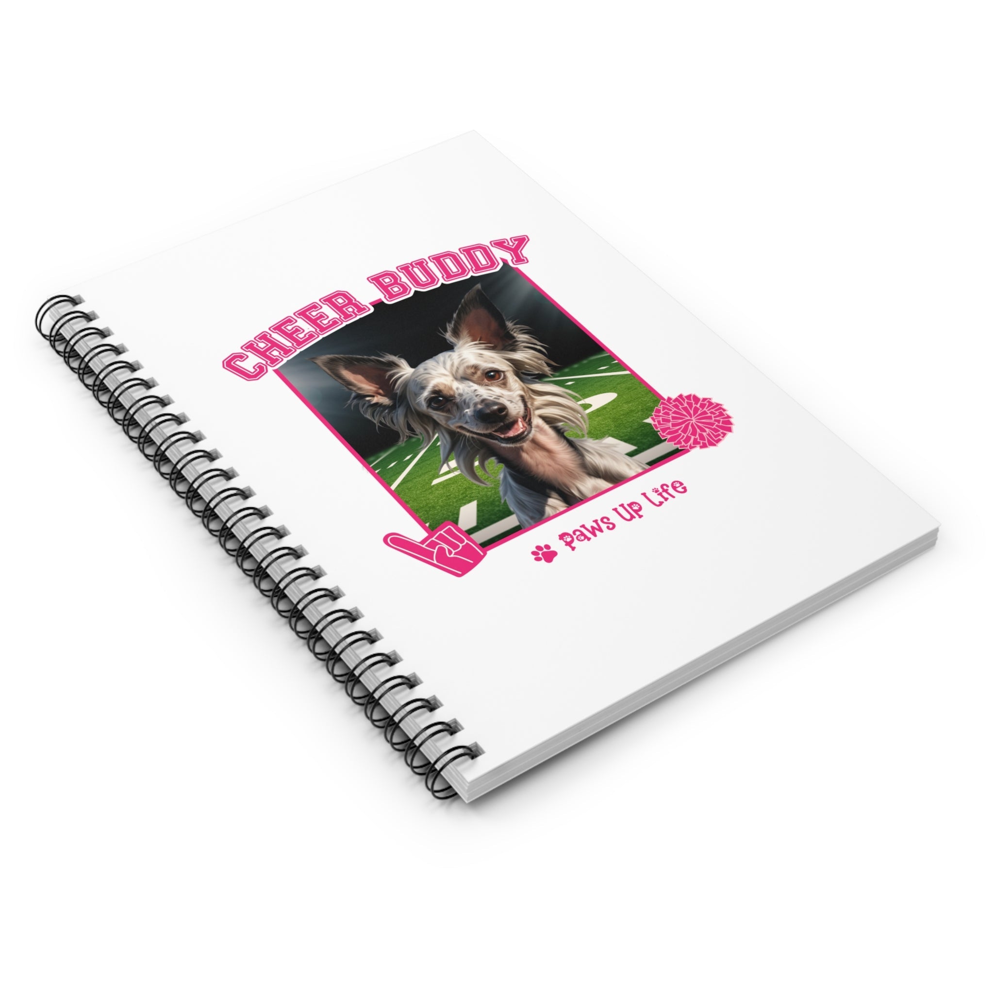 Chinese Crested Football Cheer Buddy Cheerleading Dog Spiral Notebook for Office and Home - Ruled Line | Paws Up Life, LLC