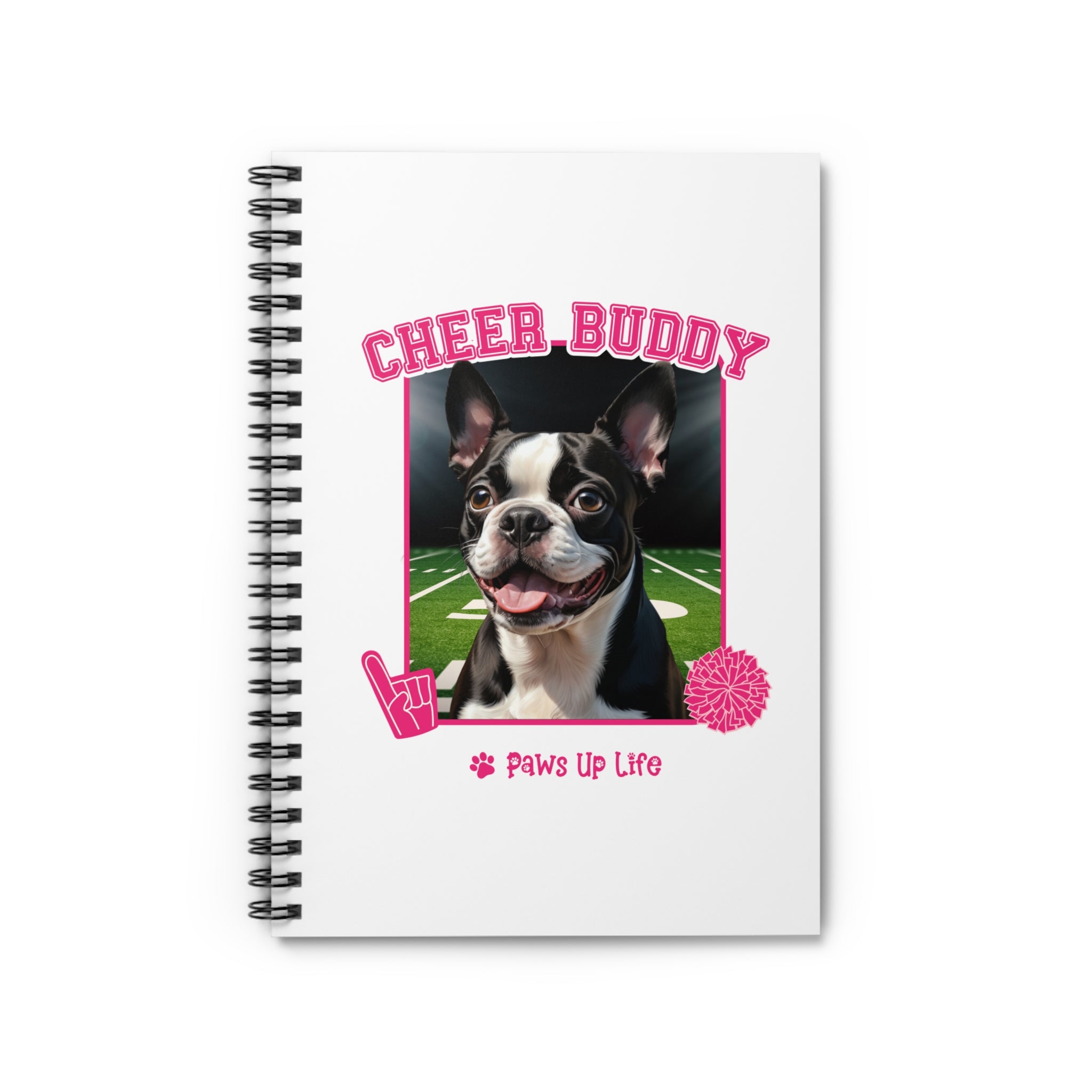 Boston Terrier Football Cheer Buddy Cheerleading Dog Spiral Notebook for Office and Home - Ruled Line | Paws Up Life, LLC