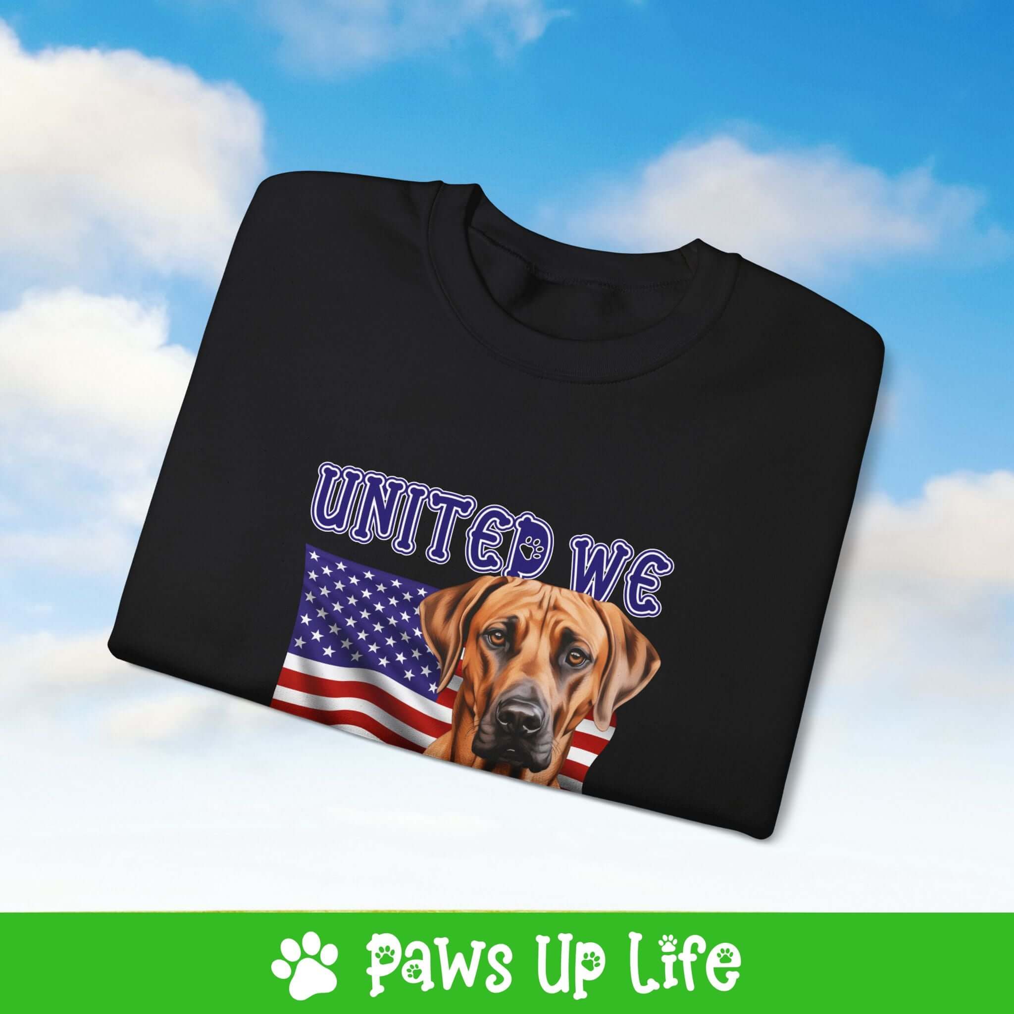 "United We Love" Rhodesian Ridgeback Dog Crewneck Sweatshirt – Patriotic Dog Lover Gift, Unisex Apparel for Proud Dog Moms & Dads