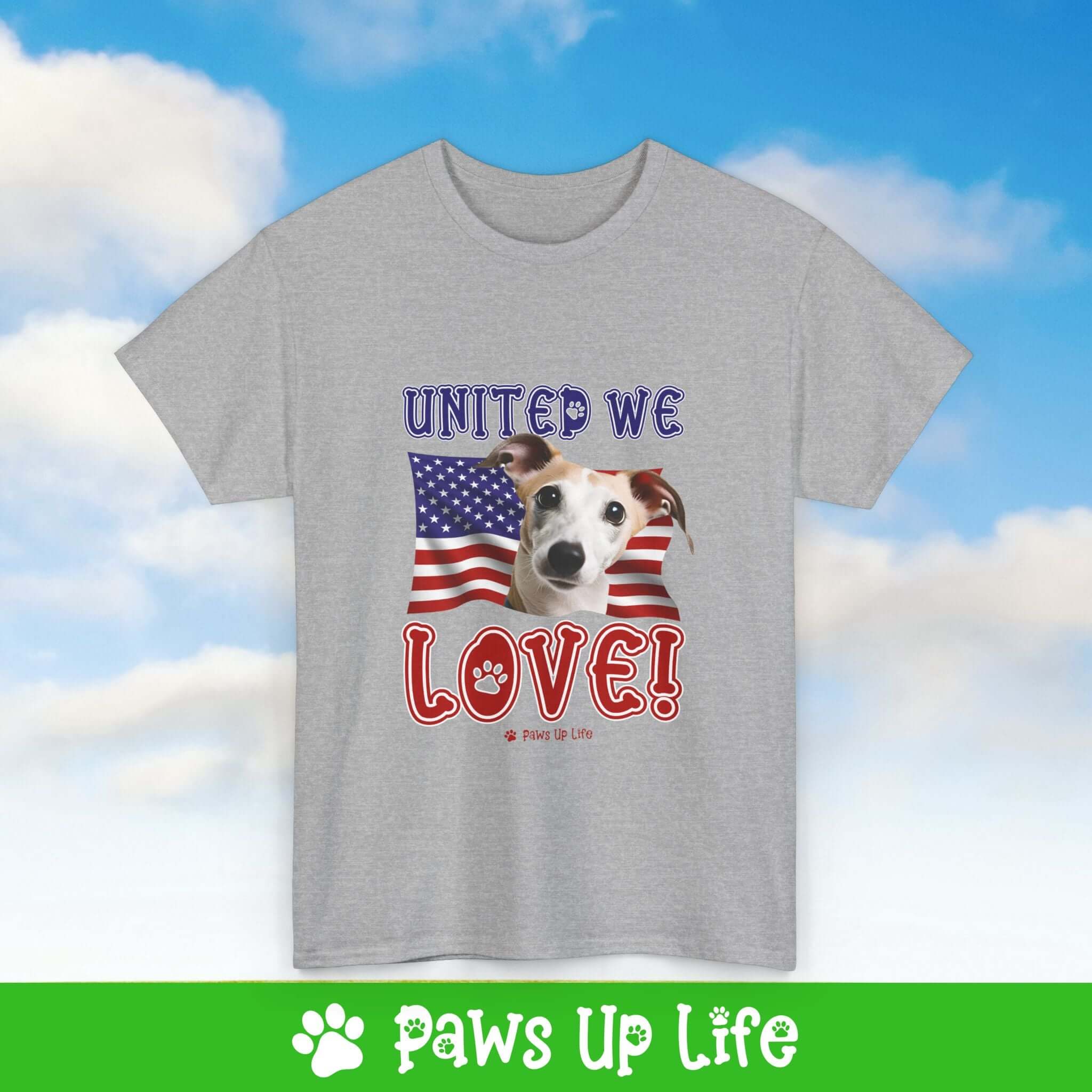 "United We Love" Whippet Lover T-Shirt - Patriotic Dog Design Tee for Dog Lovers, Unisex Dog Mom & Dad Tee with Classic Collar - Cotton Fabric Tshirt