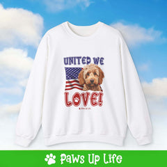 "United We Love" Spoodle Dog Crewneck Sweatshirt – Patriotic Dog Lover Gift, Unisex Apparel for Proud Dog Moms & Dads