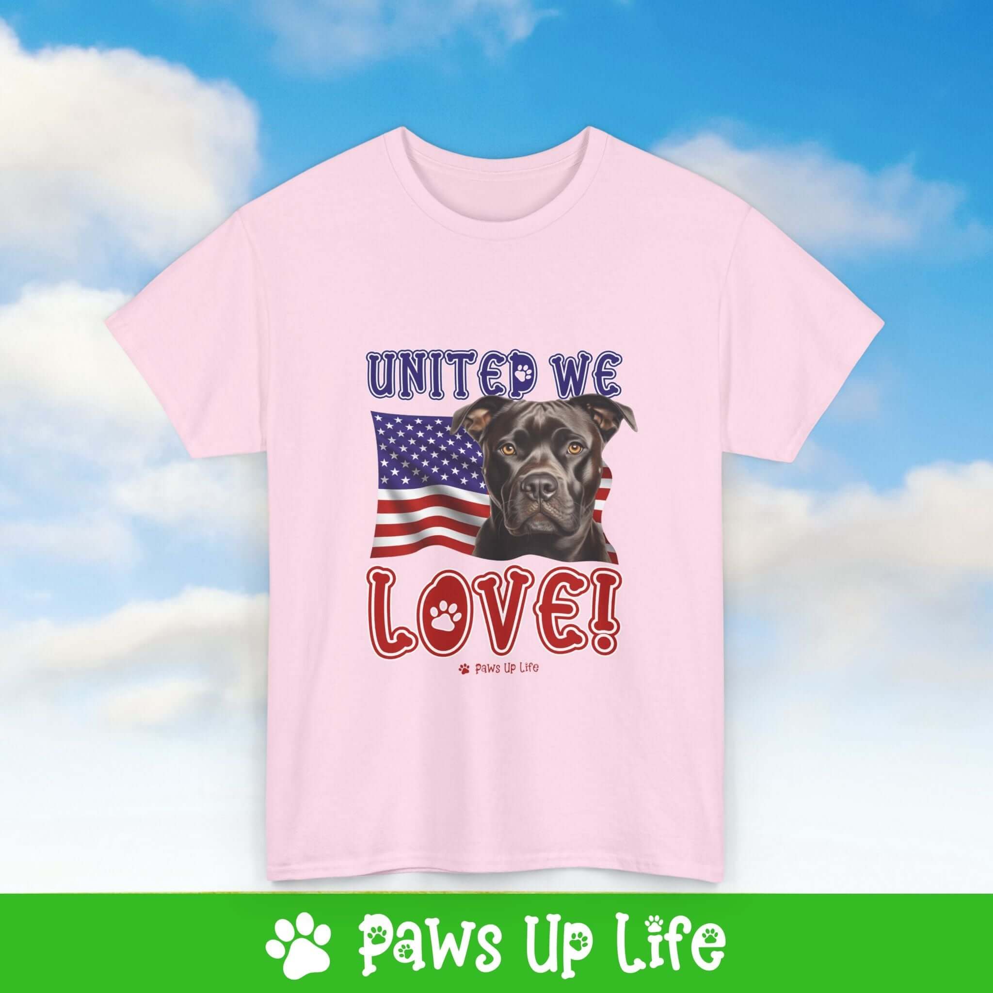 "United We Love" Staffordshire Bull Terrier Lover T-Shirt – Perfect Patriotic Gift for Dog Lovers, Unisex Dog Mom & Dad Tee with a Fun Dog Design