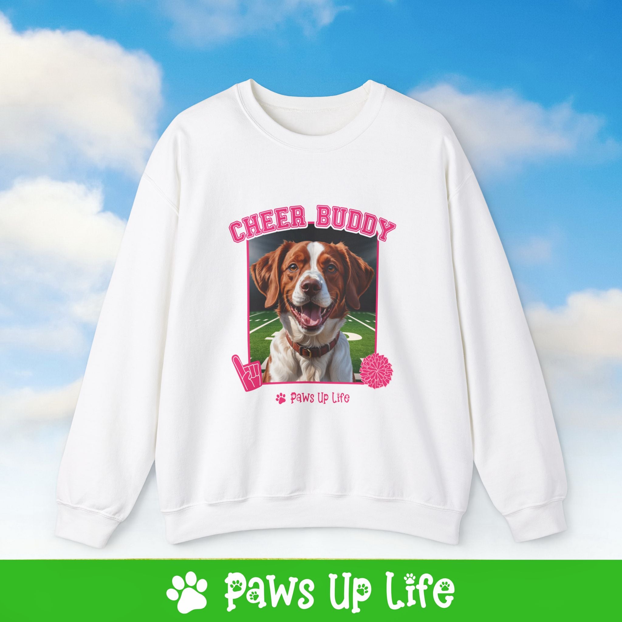 Brittany Football Cheer Buddy Cheerleading Dog Crewneck Sweatshirt, Unisex Gift for Animal Lovers, Dog Mom Dad Sweatshirt, Cute Dog Lover Apparel, Fun Pet | Paws Up Life, LLC