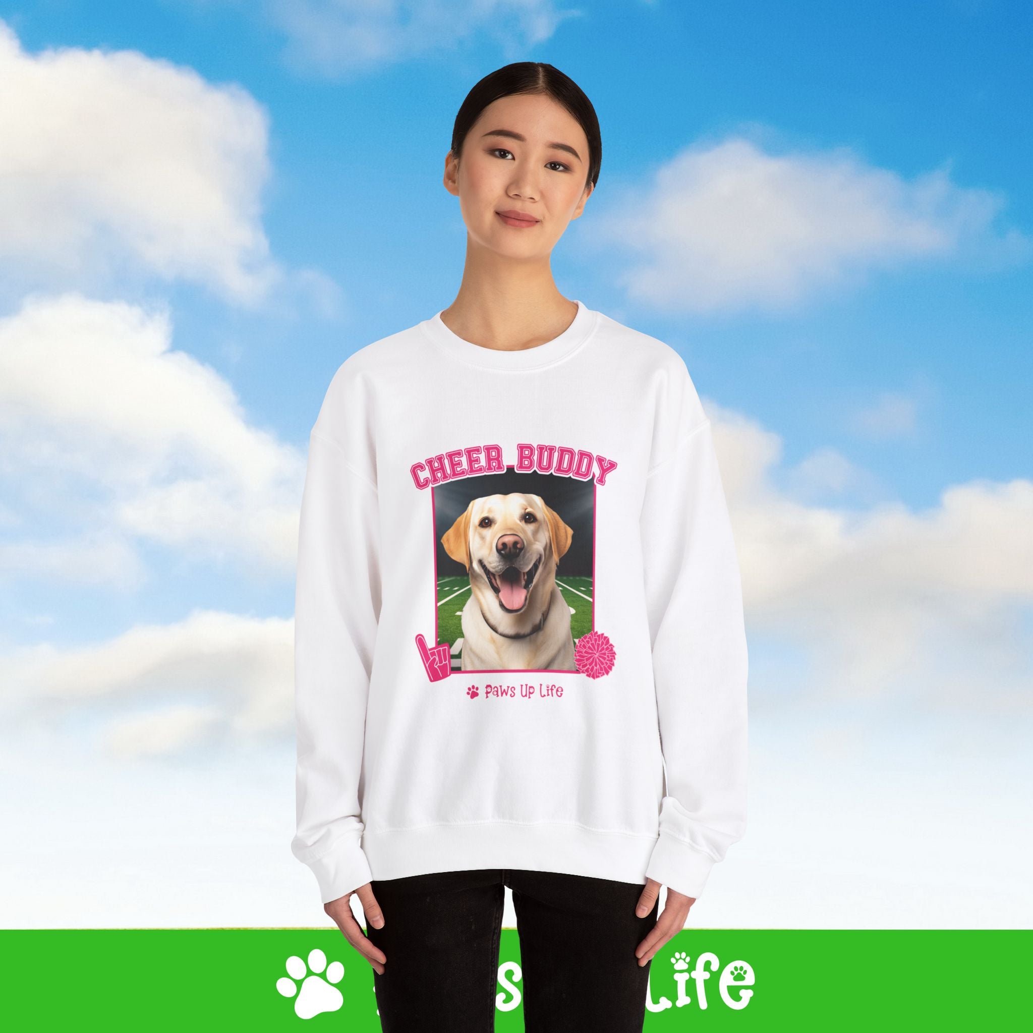 Labrador Retriever Yellow Lab Football Cheer Buddy Cheerleading Dog Crewneck Sweatshirt, Unisex Gift for Animal Lovers, Dog Mom Dad Sweatshirt, Cute Dog Lover Apparel, Fun Pet | Paws Up Life, LLC