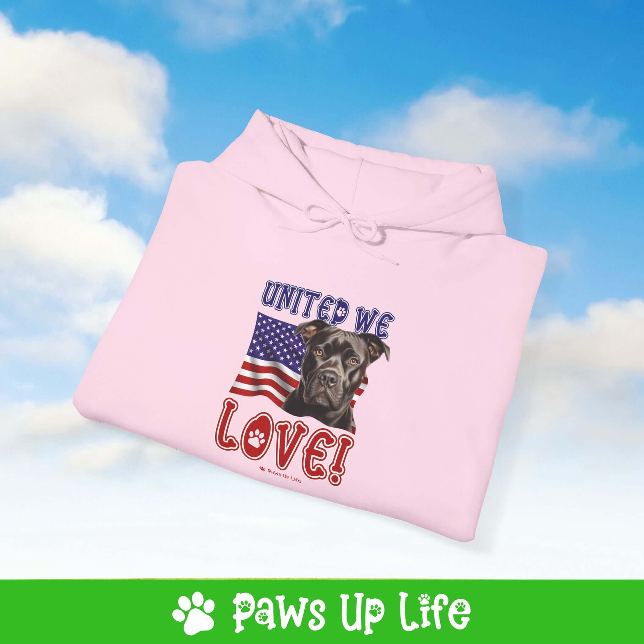 "United We Love" Staffordshire Bull Terrier Hoodie – Fun Dog Lover Design | Cozy 50/50 Blend Unisex Sweater, Perfect Gift for Pet Lovers!