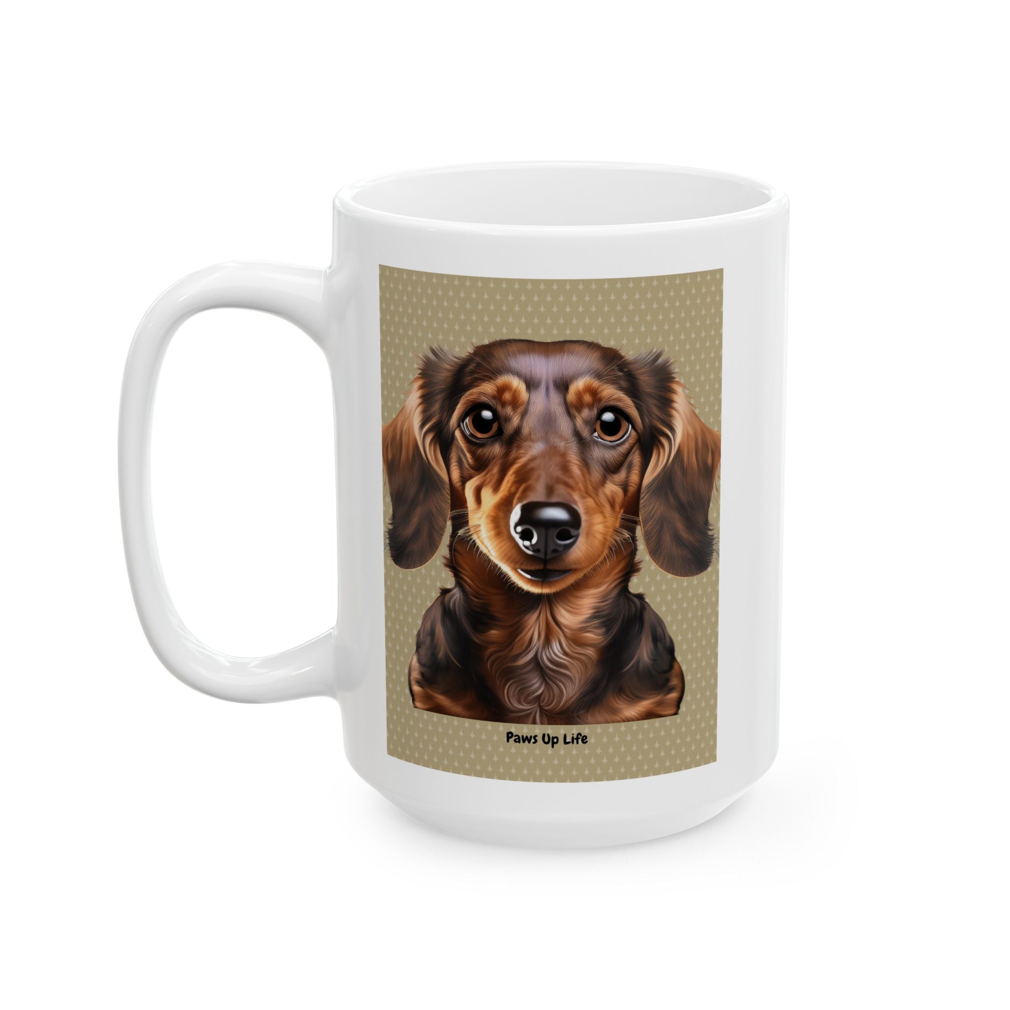 15 oz White Ceramic Mug with Adorable Long-Haired Dachshund Design – Ideal for Coffee, Tea, and Dog Enthusiasts.