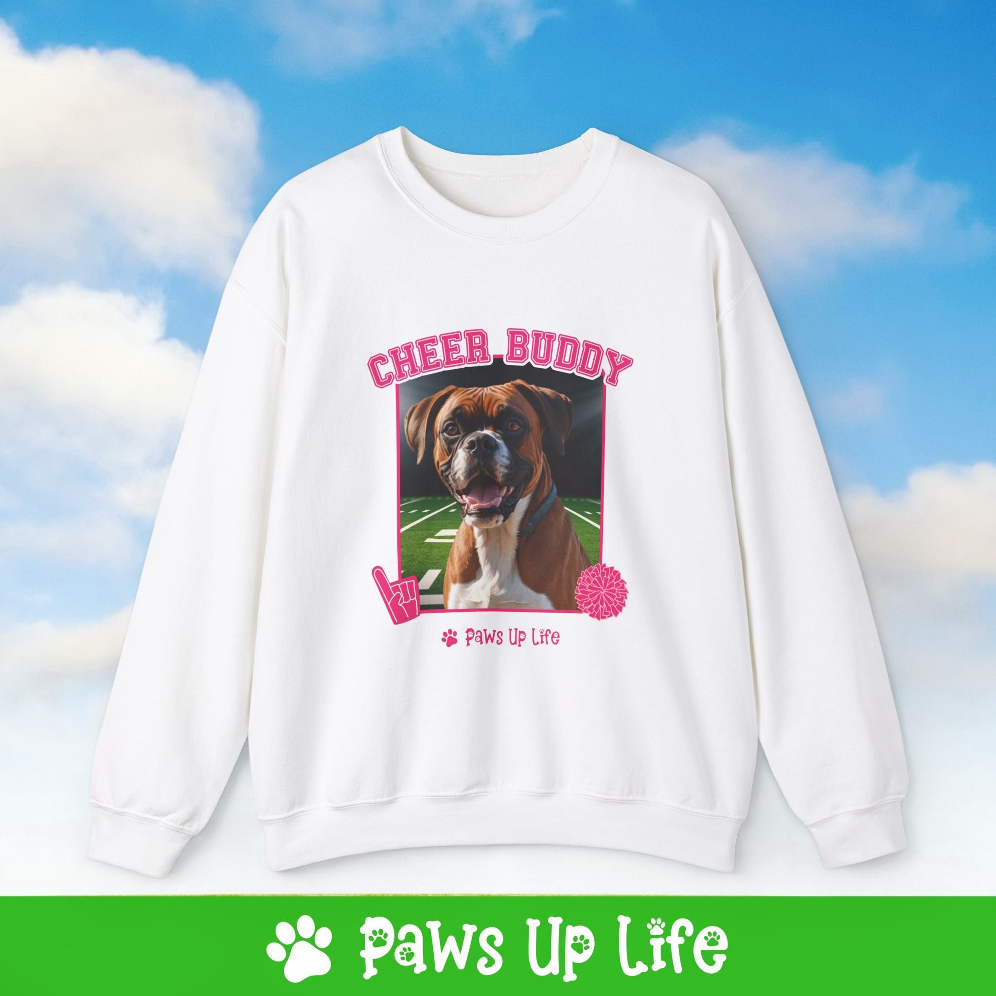 Boxer Football Cheer Buddy Cheerleading Dog Crewneck Sweatshirt, Unisex Gift for Animal Lovers, Dog Mom Dad Sweatshirt, Cute Dog Lover Apparel, Fun Pet | Paws Up Life, LLC