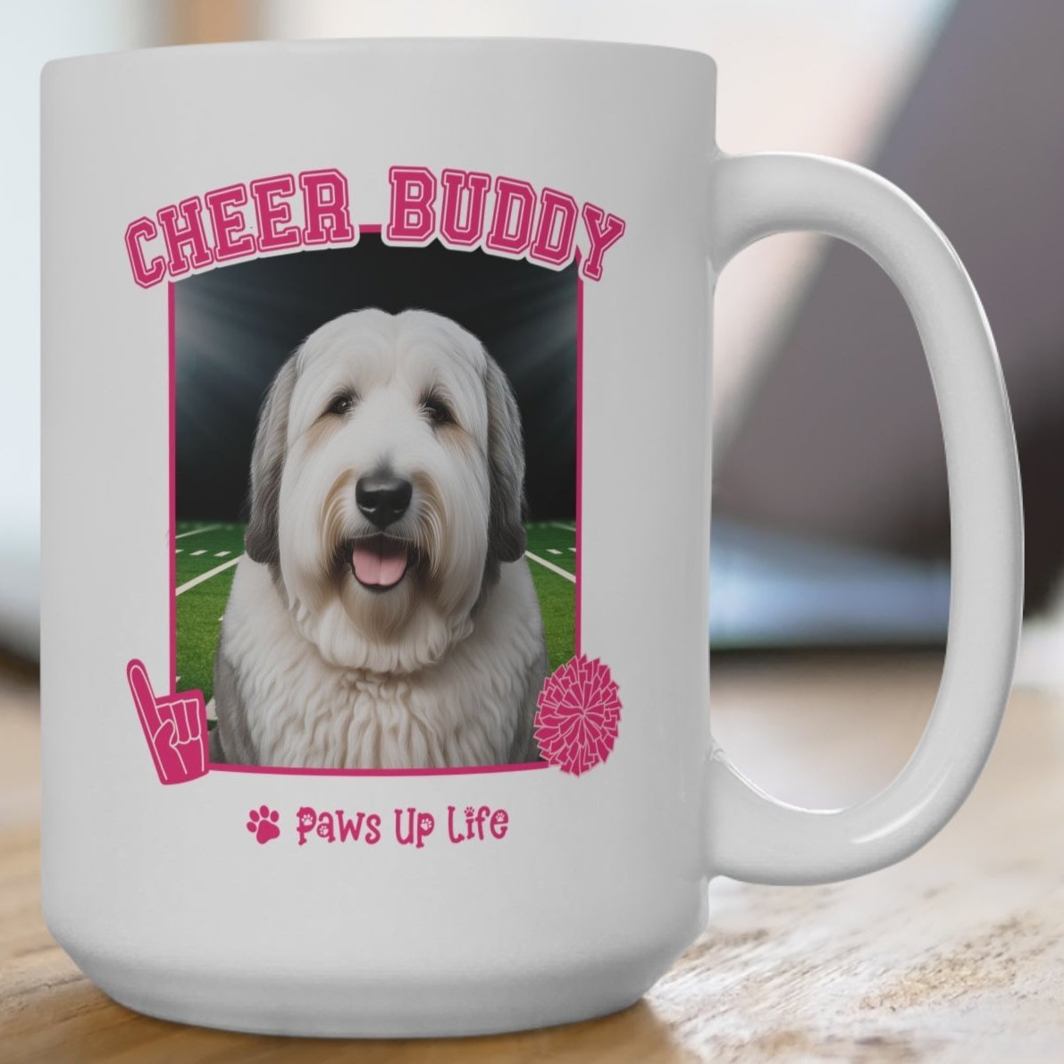 White Old English Sheep Dog Football Cheer Buddy Cheerleading Dog 15oz Large Coffee Mug Ceramic Drinkware Tea Washable | Paws Up Life, LLC