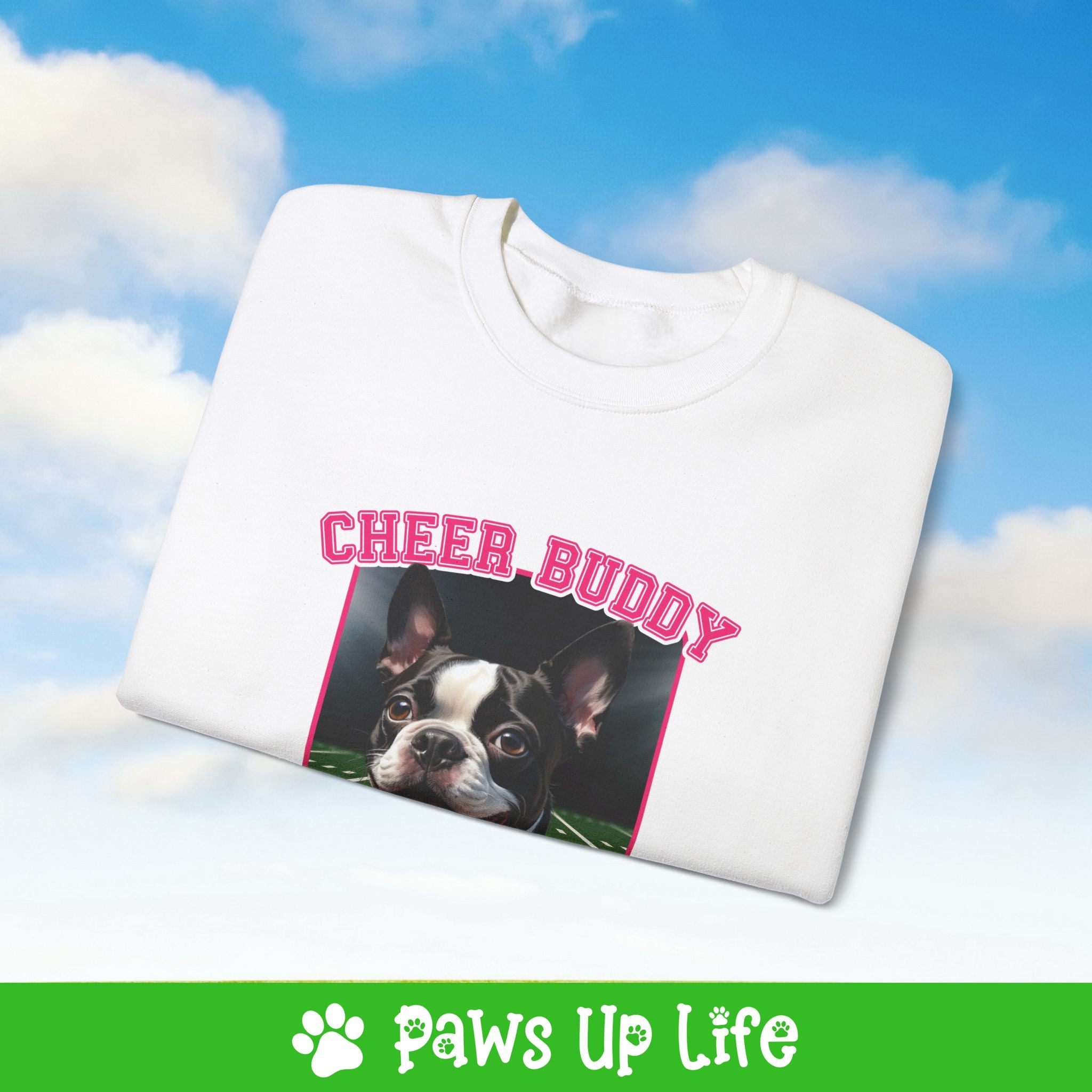 Boston Terrier Football Cheer Buddy Cheerleading Dog Crewneck Sweatshirt, Unisex Gift for Animal Lovers, Dog Mom Dad Sweatshirt, Cute Dog Lover Apparel, Fun Pet | Paws Up Life, LLC