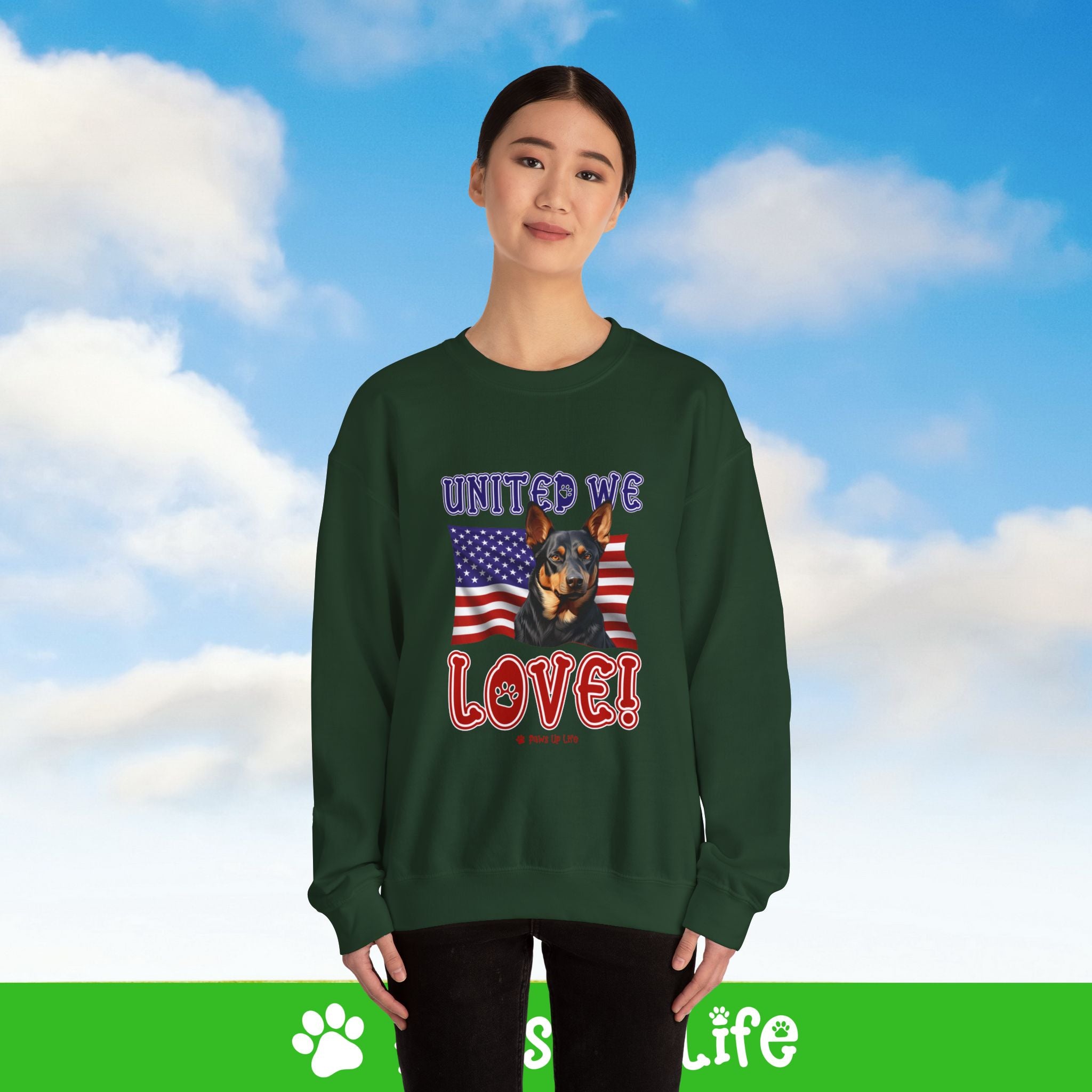 Australian Kelpie Dog United We Love Dog Crewneck Sweatshirt, Unisex Gift for Animal Lovers, Dog Mom Dad Sweatshirt, Cute Dog Lover Apparel, Fun Pet | Paws Up Life, LLC