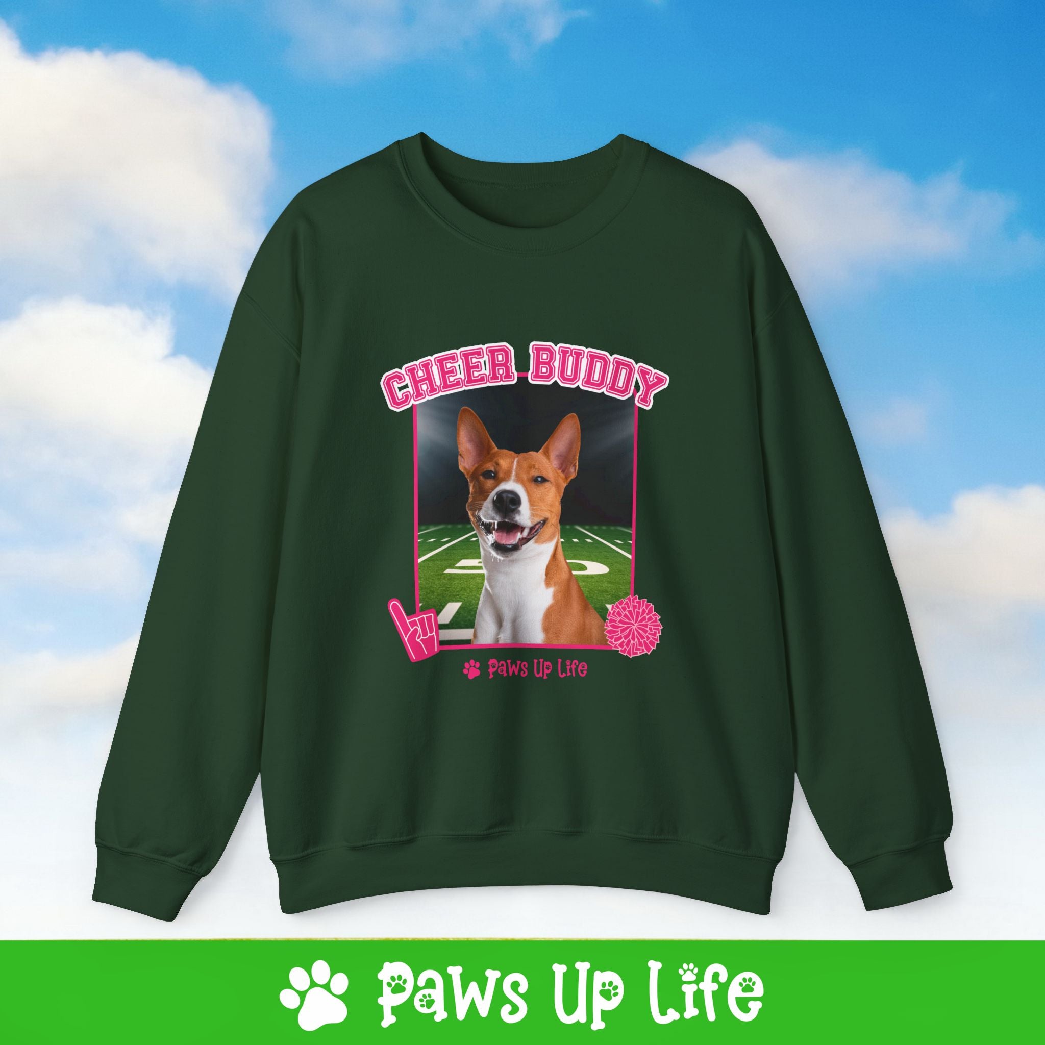 Basenji Cheer Buddy Cheerleading Dog Crewneck Sweatshirt, Unisex Gift for Animal Lovers, Dog Mom Dad Sweatshirt, Cute Dog Lover Apparel, Fun Pet | Paws Up Life, LLC