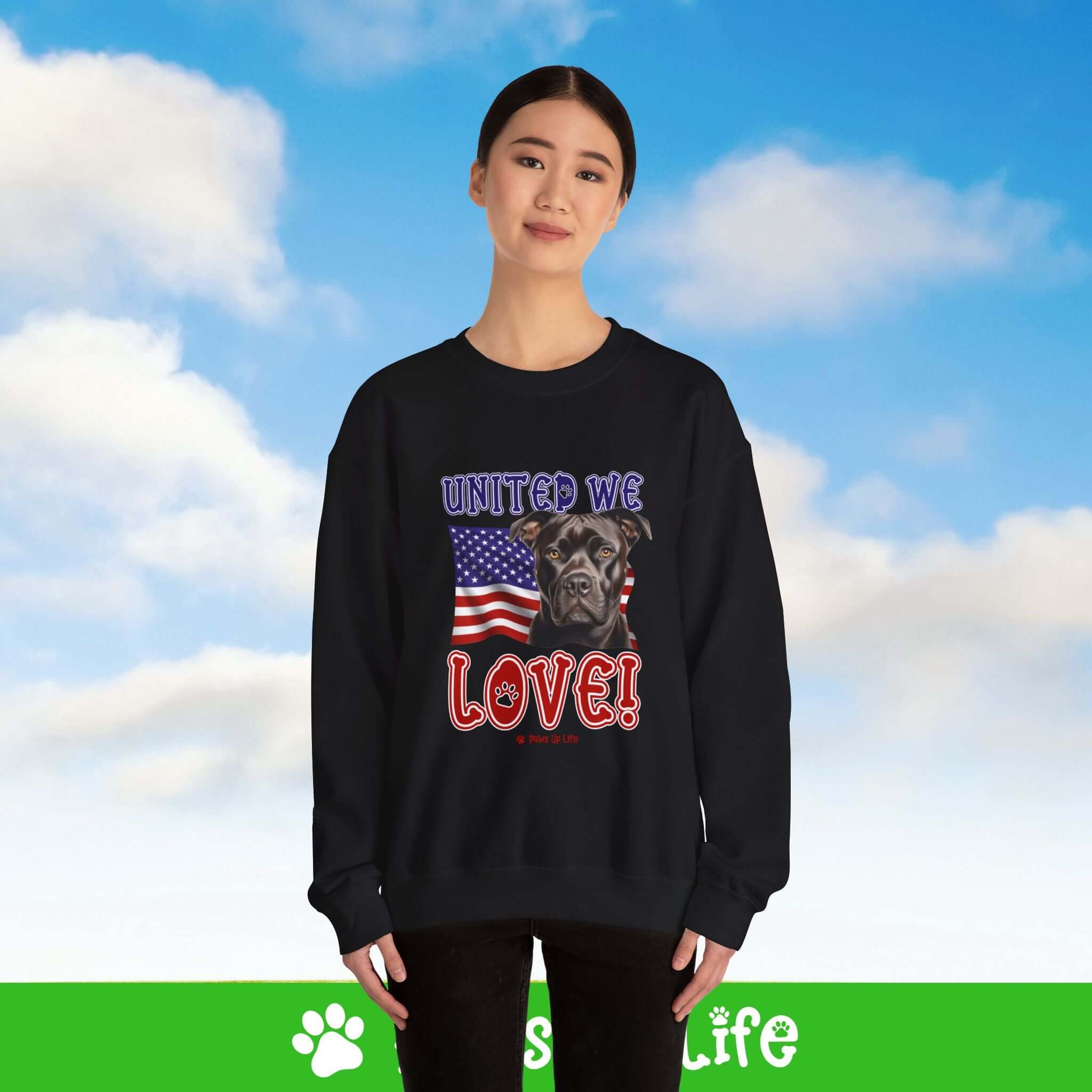 "United We Love" Staffordshire Bull Terrier Dog Crewneck Sweatshirt – Patriotic Dog Lover Gift, Unisex Apparel for Proud Dog Moms & Dads | Paws Up Life, LLC