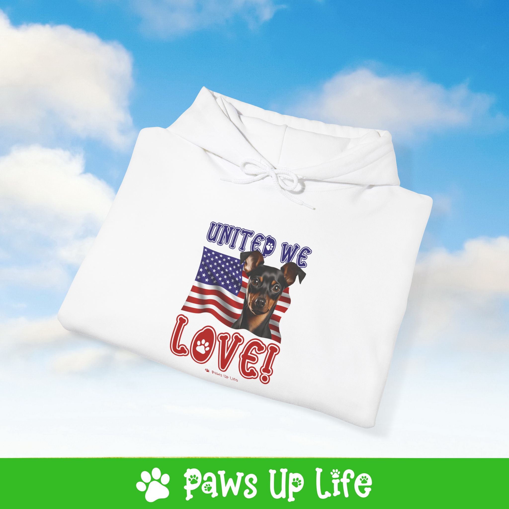 Miniature Pinscher Dog United We Love Unisex Hoodie Hooded Sweatshirt Classic Comfy Cotton | Paws Up Life, LLC