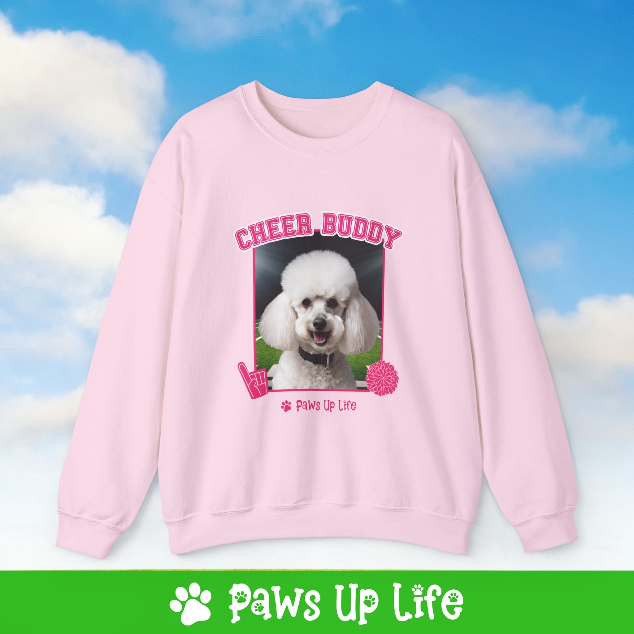 White Poodle Football Cheer Buddy Cheerleading Dog Crewneck Sweatshirt, Unisex Gift for Animal Lovers, Dog Mom Dad Sweatshirt, Cute Dog Lover Apparel, Fun Pet | Paws Up Life, LLC