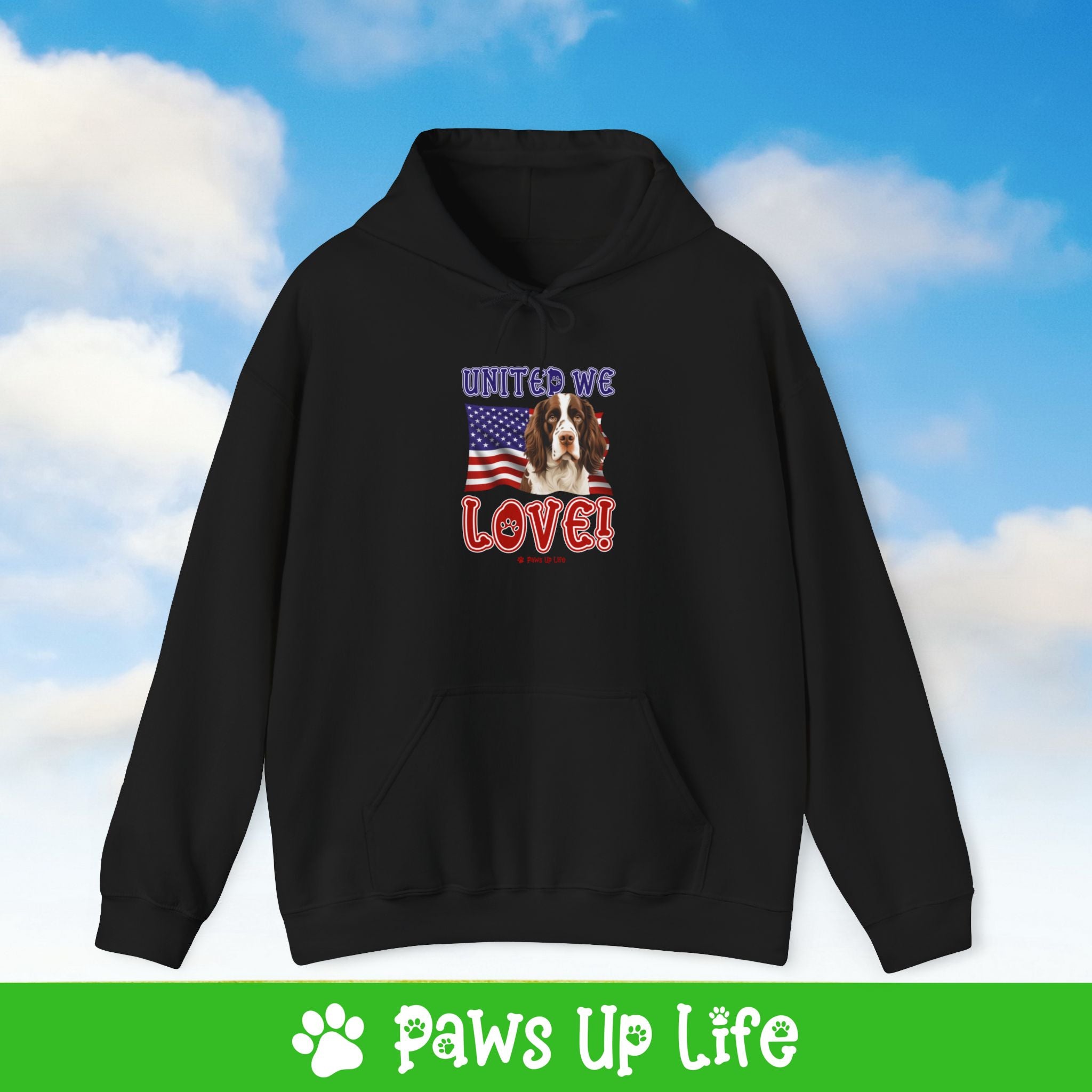 English Springer Spaniel Dog United We Love Unisex Hoodie Hooded Sweatshirt Classic Comfy Cotton