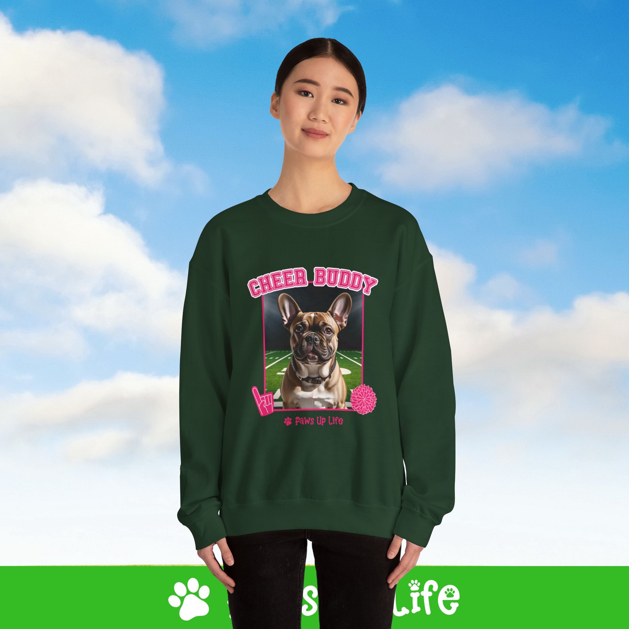 French Bulldog Football Cheer Buddy Cheerleading Dog Crewneck Sweatshirt, Unisex Gift for Animal Lovers, Dog Mom Dad Sweatshirt, Cute Dog Lover Apparel, Fun Pet | Paws Up Life, LLC