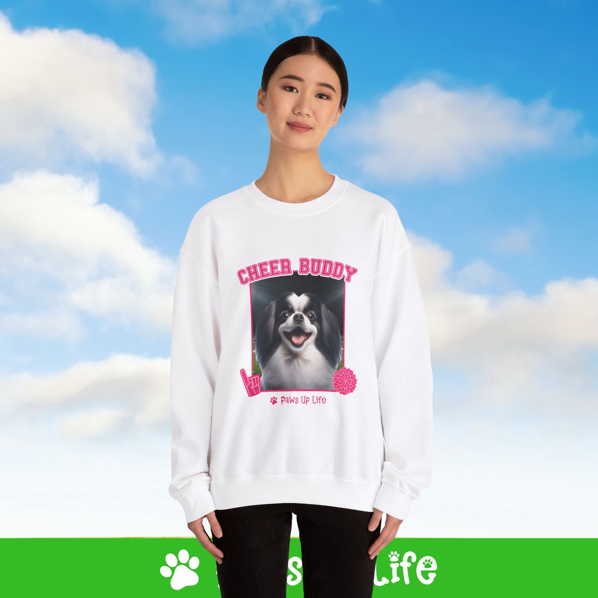 Japanese Chin Football Cheer Buddy Cheerleading Dog Crewneck Sweatshirt, Unisex Gift for Animal Lovers, Dog Mom Dad Sweatshirt, Cute Dog Lover Apparel, Fun Pet | Paws Up Life, LLC