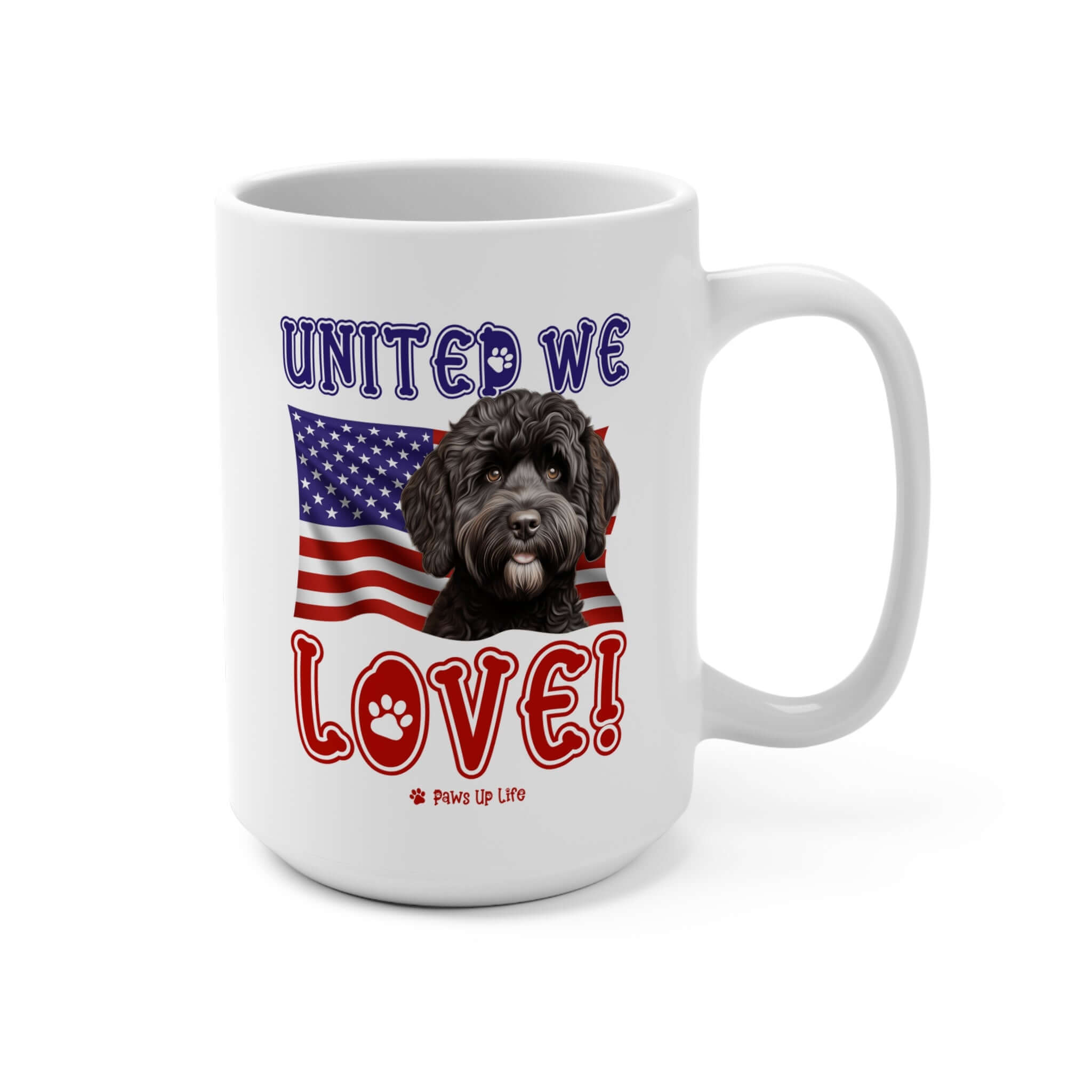 "United We Love" Portuguese Water Dog 15oz Ceramic Mug – Fun Patriotic Dog Lover Drinkware, Perfect for Coffee & Tea!