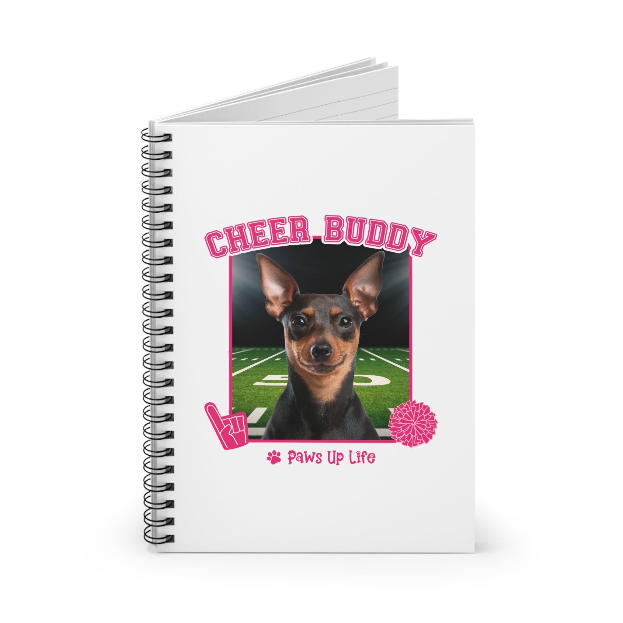 Miniature Pinscher Football Cheer Buddy Cheerleading Dog Spiral Notebook for Office and Home - Ruled Line | Paws Up Life, LLC